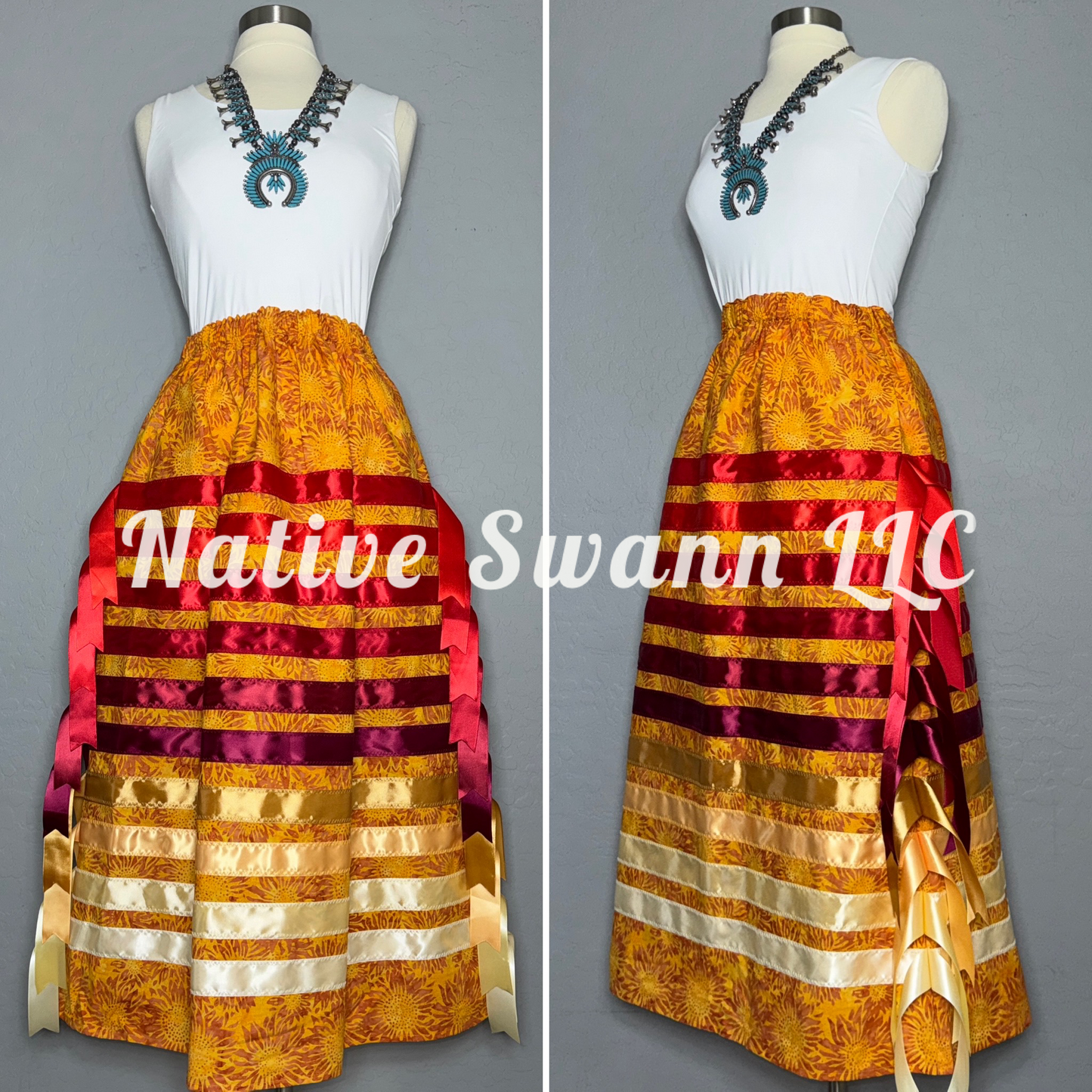 Orange Sunflowers Cotton Ribbon Skirt & Tassels on Sides