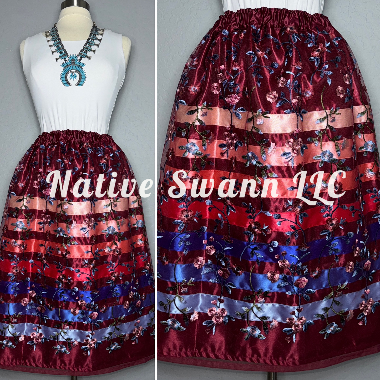 Burgundy Emb. Floral Overlay Satin Ribbon Skirt