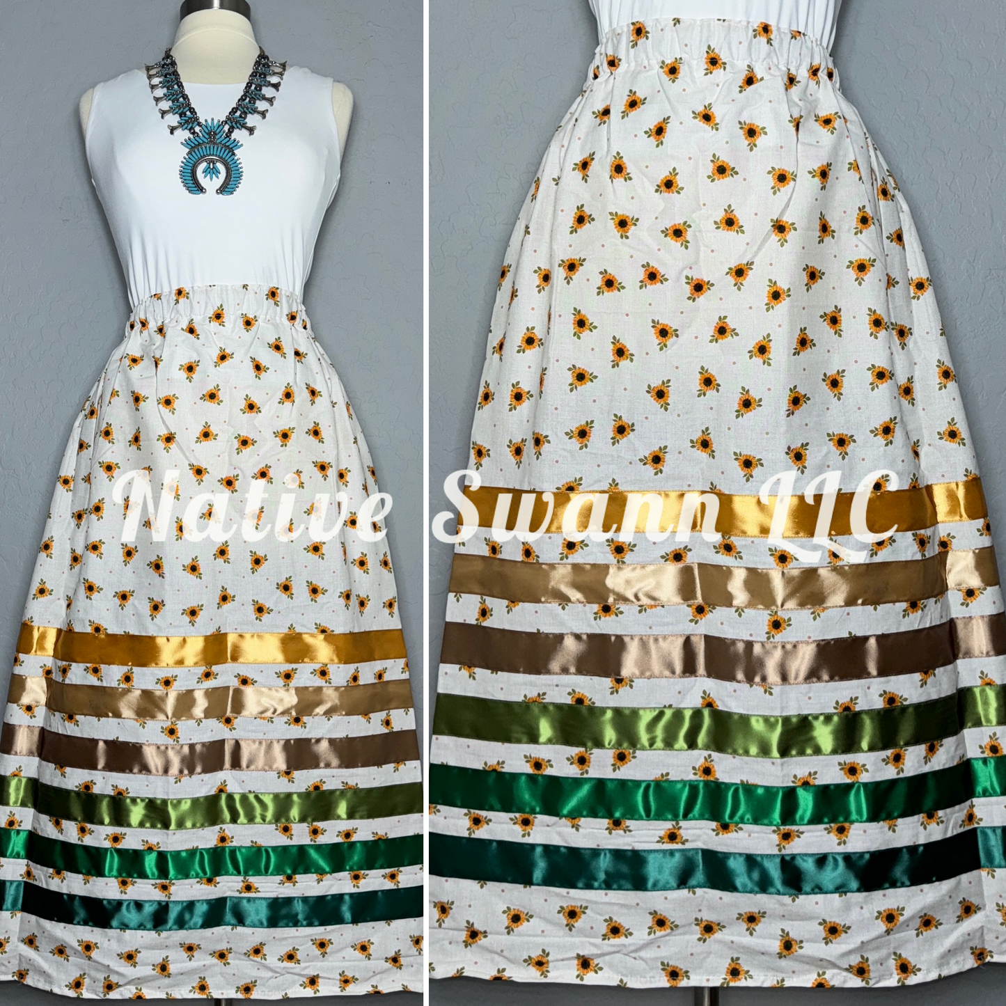 Ivory-SunFlowers Cotton Ribbon Skirt w/ Pockets