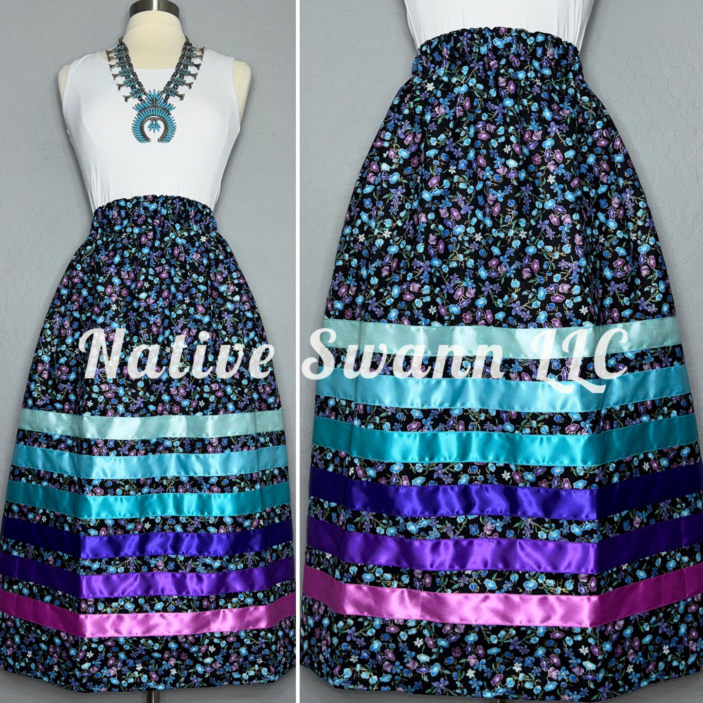 Multi-Colors Florals Cotton Ribbon Skirt w/Pockets