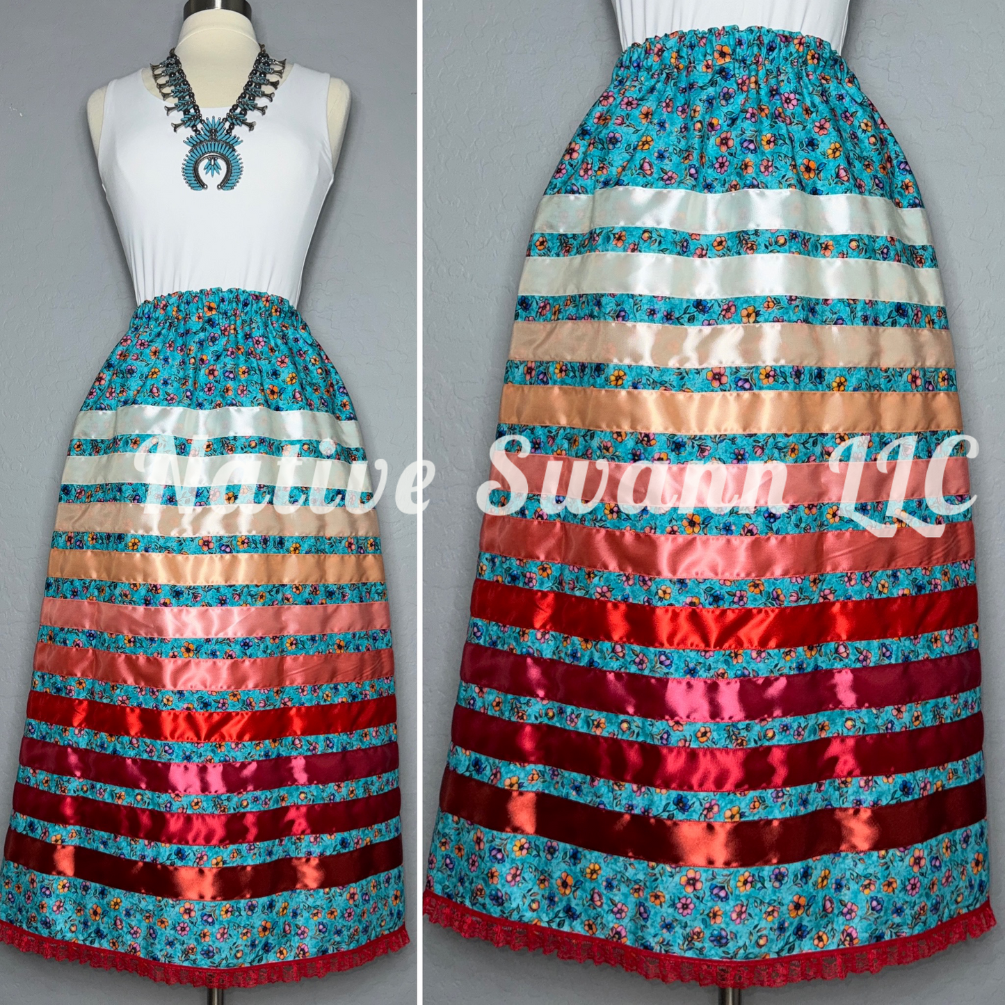 Turquoise Flowers Cotton Ribbon Skirt w/ Pockets & Lace Trim