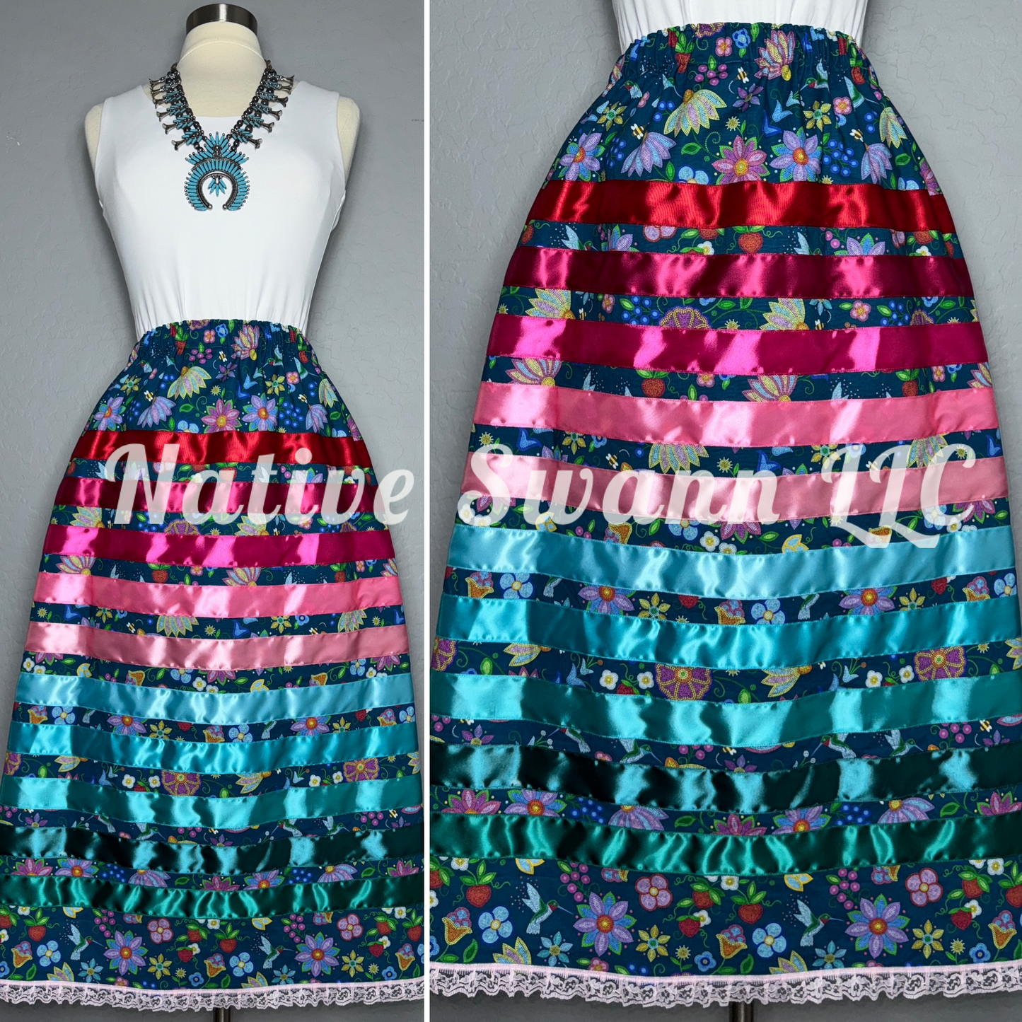 Teal Beaded Print Hummingbird Cotton Ribbon Skirt w/ Pockets & Lace Trim