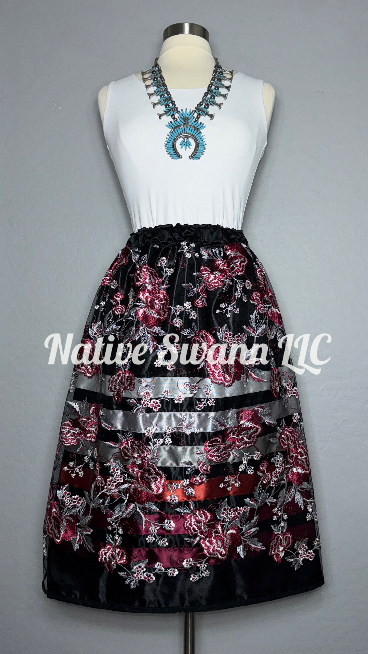 Black Emb Floral Overlay Satin Ribbon Skirt