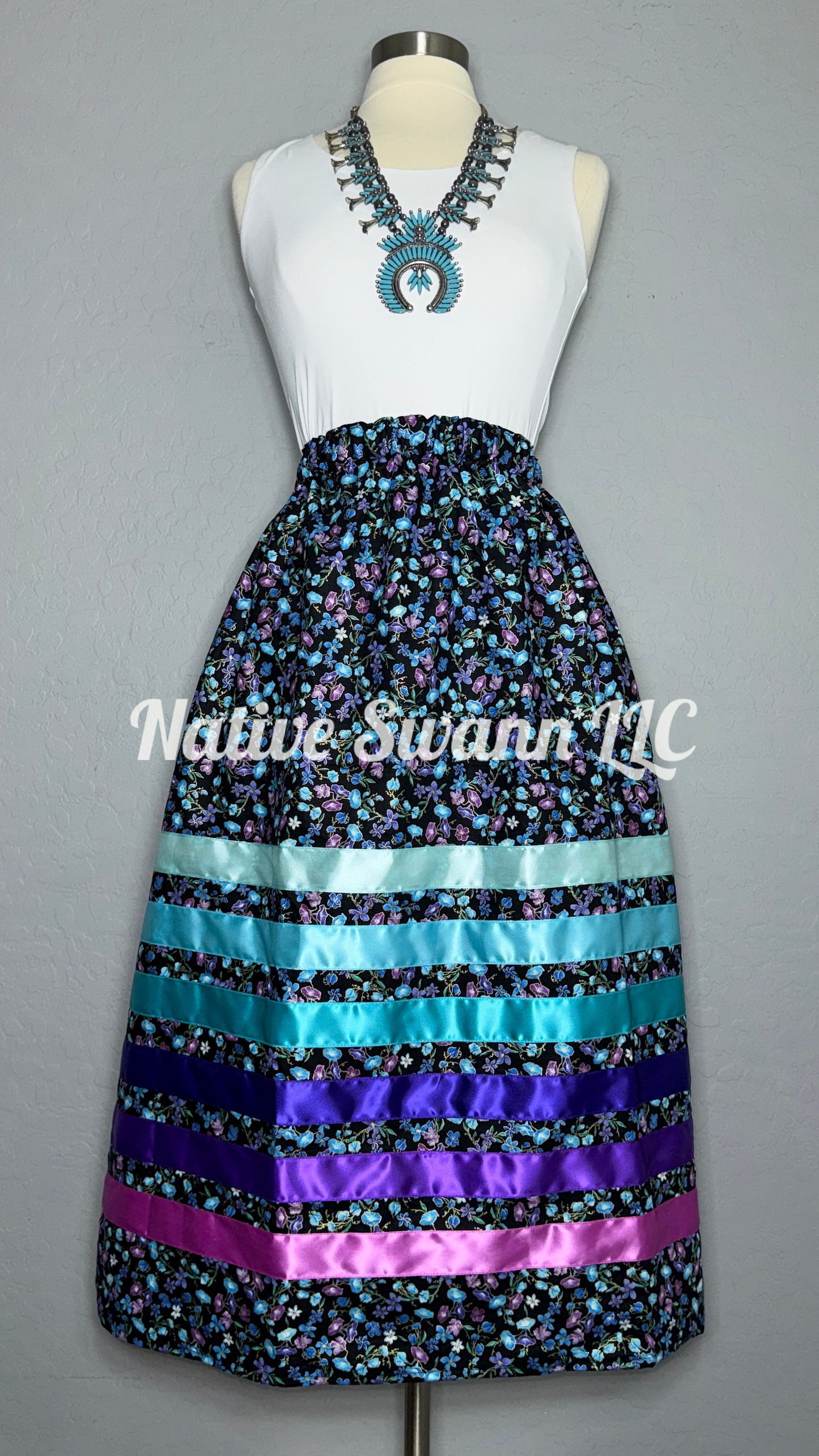 Multi-Colors Florals Cotton Ribbon Skirt w/Pockets