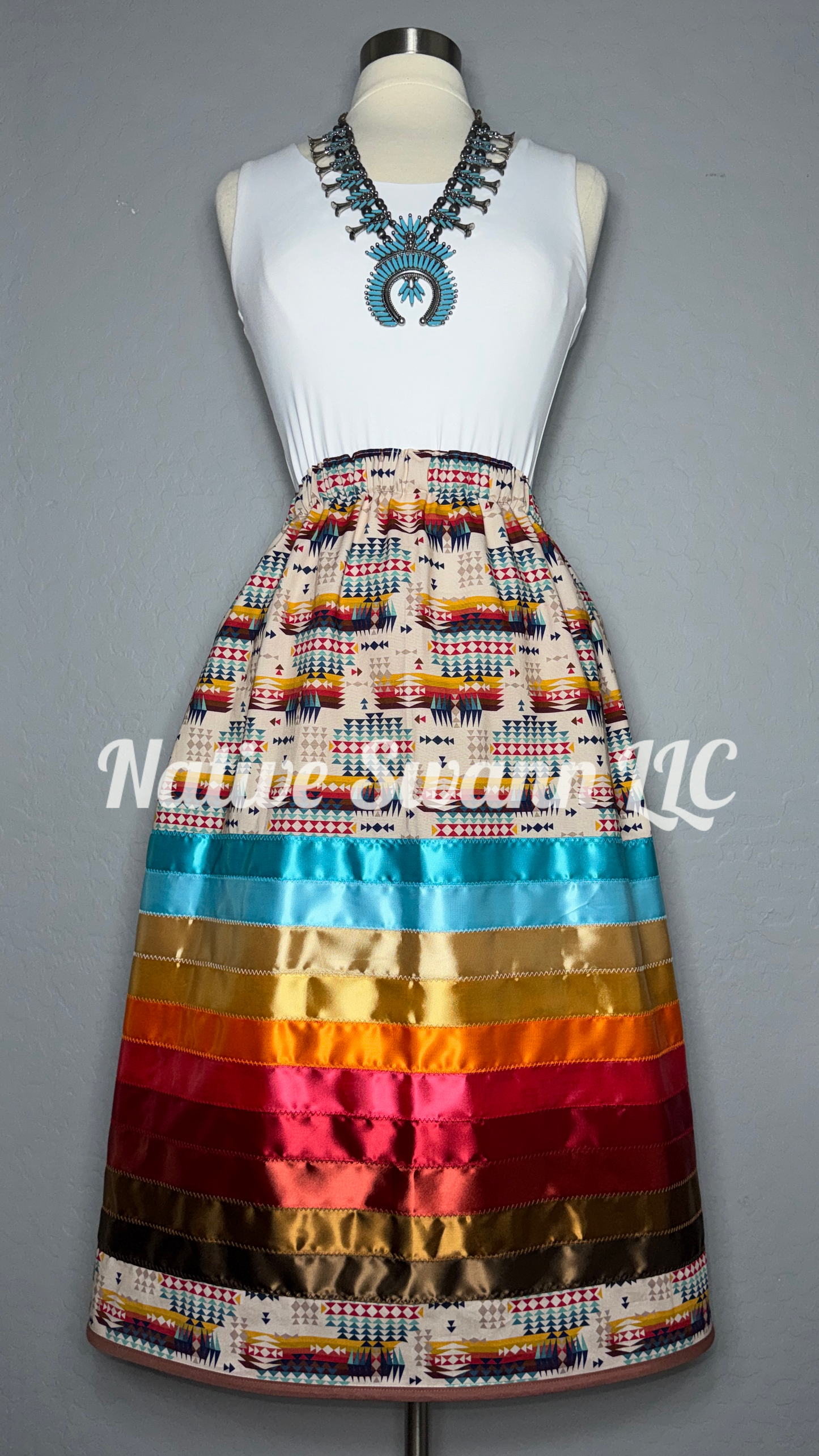 Tan Native Design Cotton Stacked Ribbon Skirts with Pockets