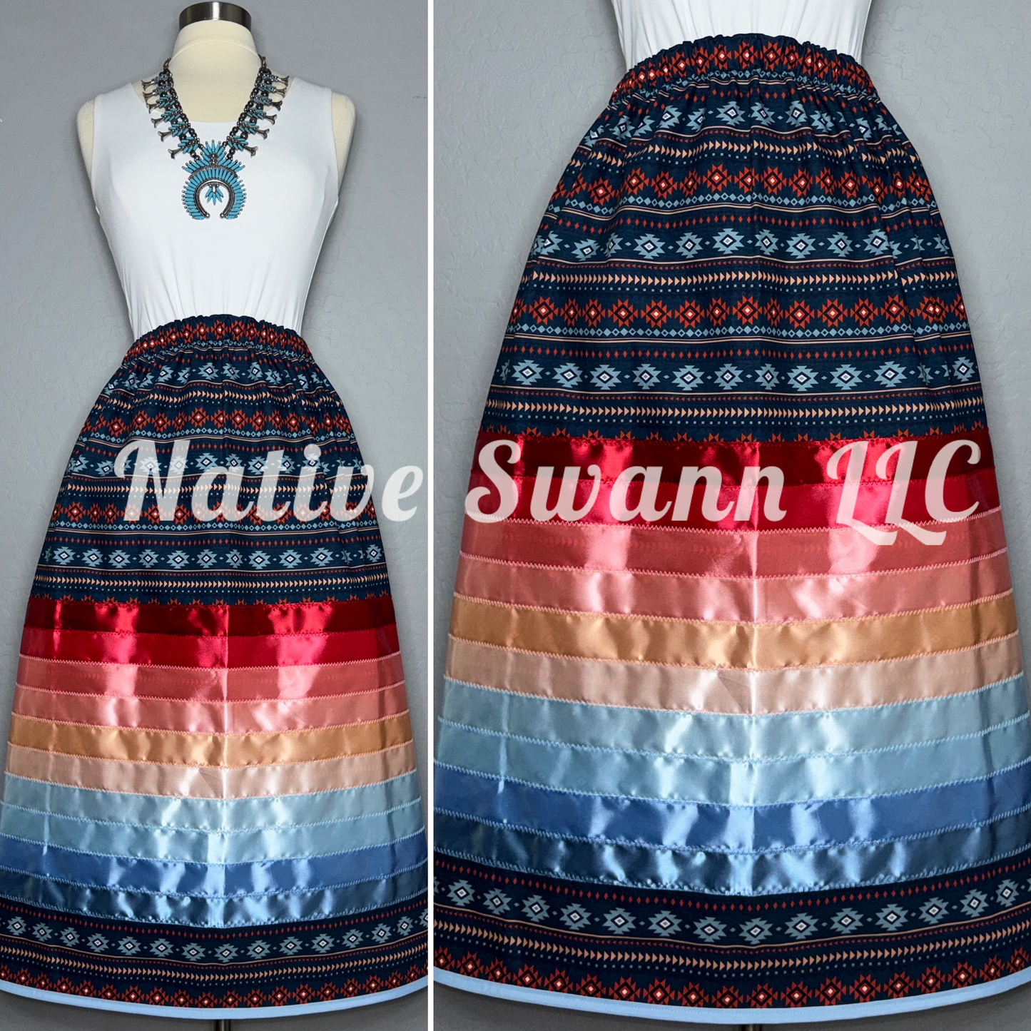 Blue-Navy Design Cotton Stacked Ribbon Skirt with Pockets