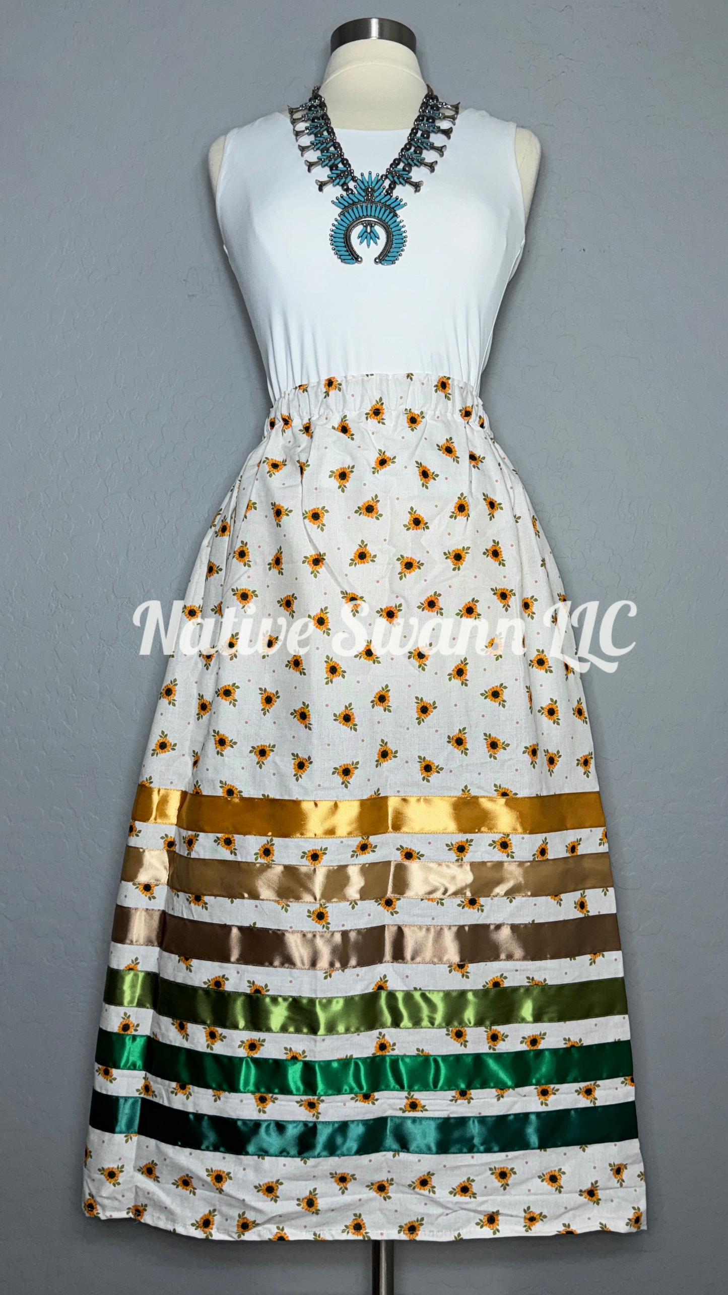Ivory-SunFlowers Cotton Ribbon Skirt w/ Pockets