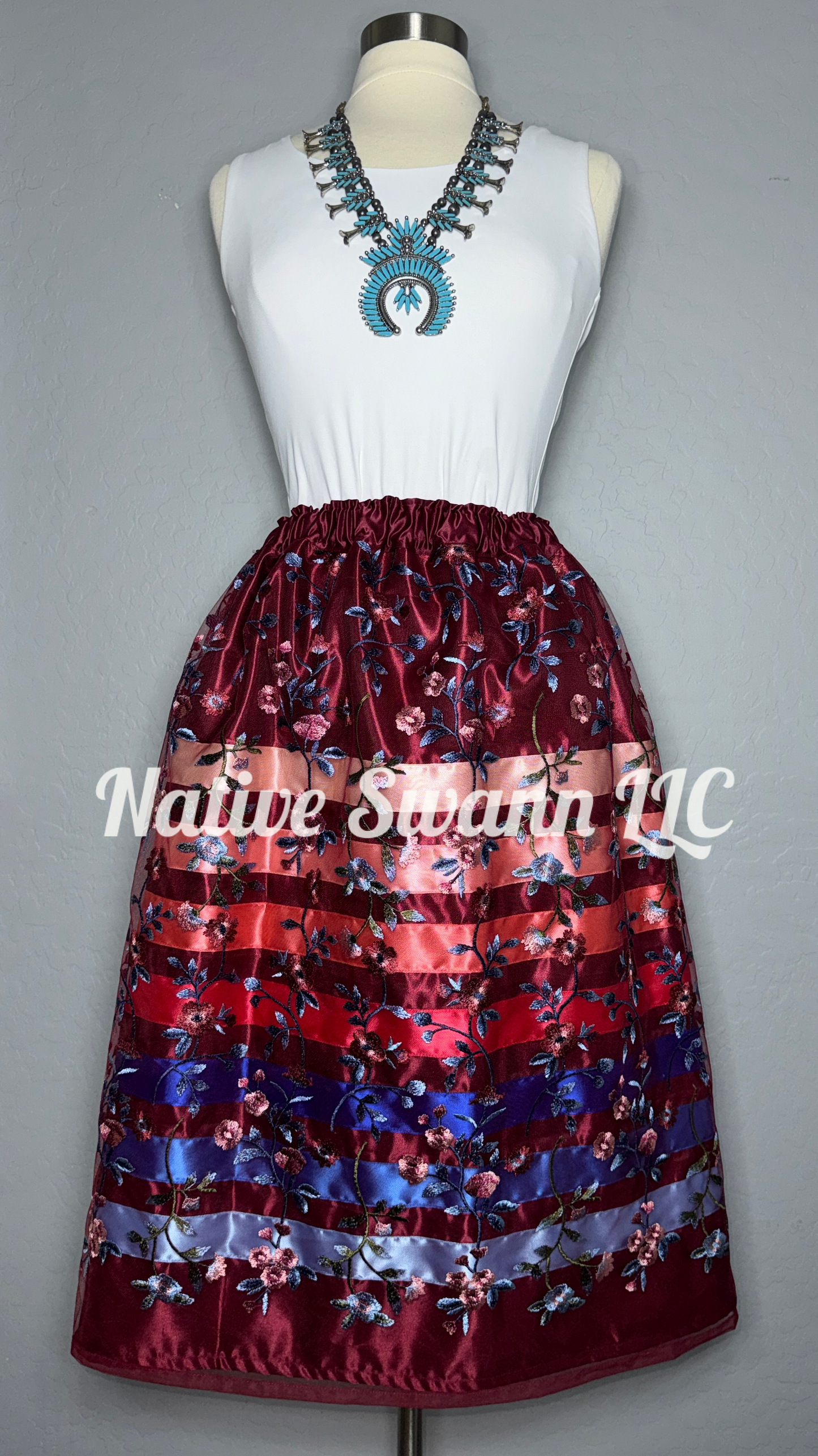 Burgundy Emb. Floral Overlay Satin Ribbon Skirt