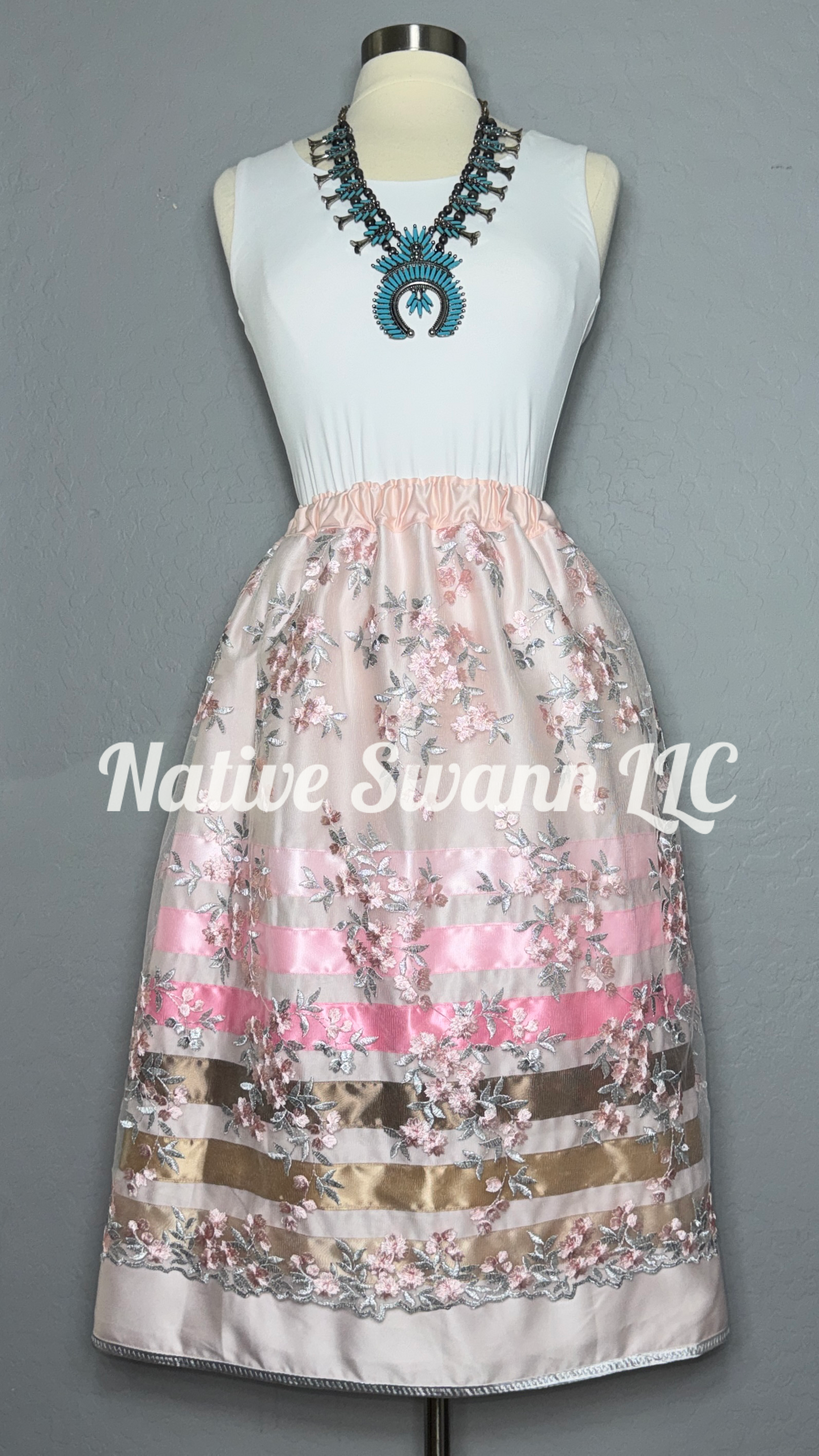 Lt Pink Emb. Floral Overlay Satin Ribbon Skirt