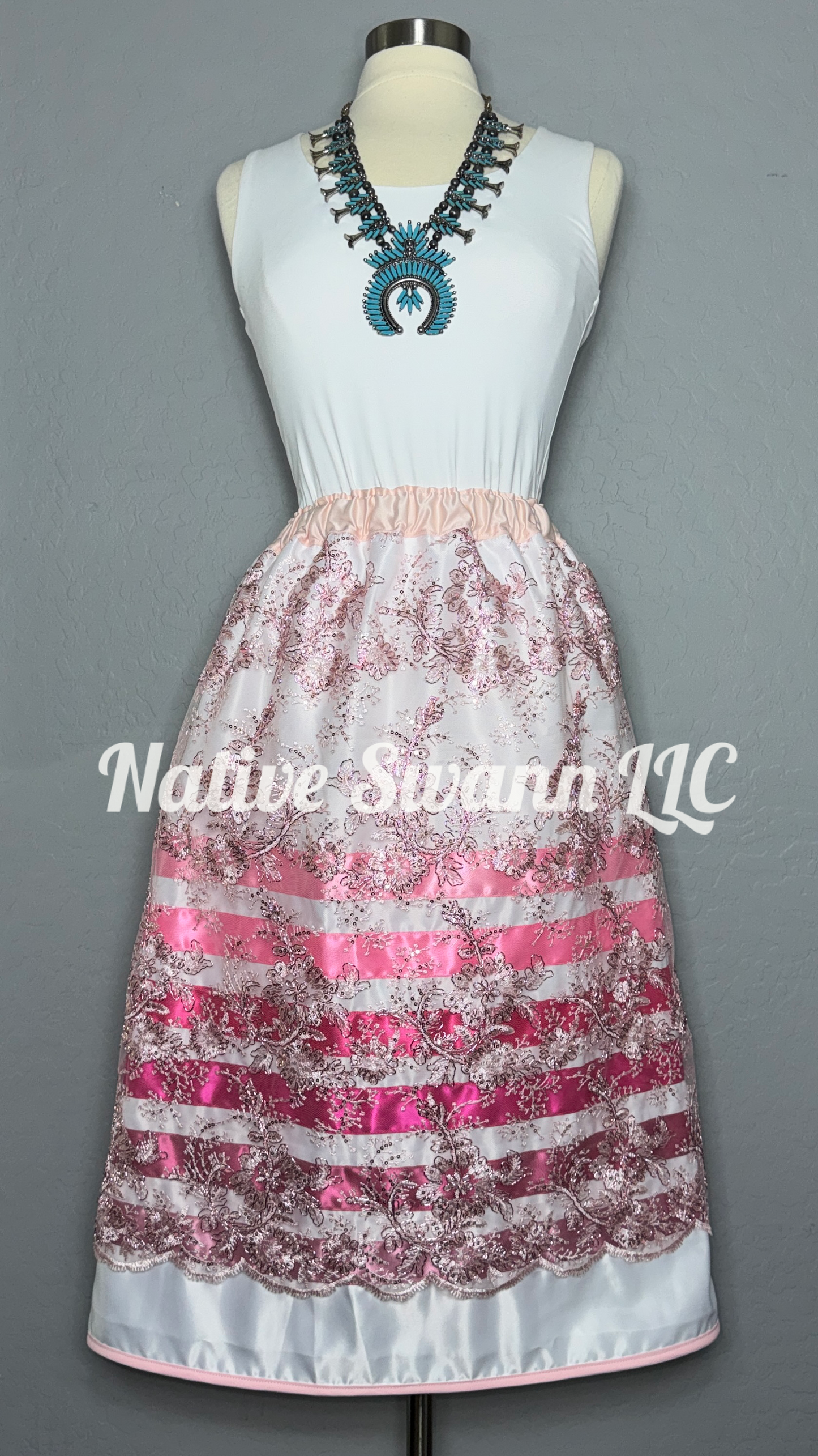 Soft Pink Floral Overlay Satin Ribbon Skirt