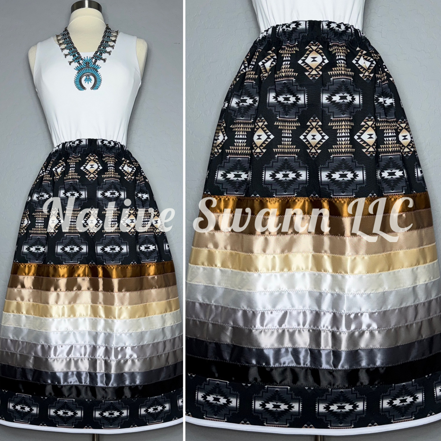 Black Native Design Cotton Stacked Ribbon Skirt with Pockets