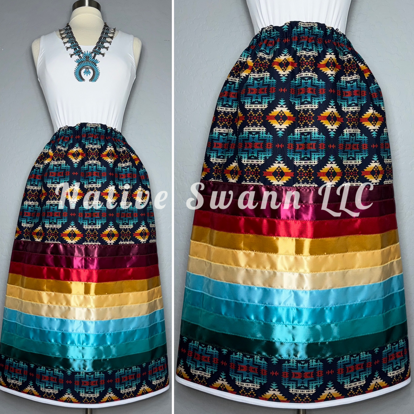 Navy Blue Native Design Cotton Stacked Ribbon Skirt with Pockets