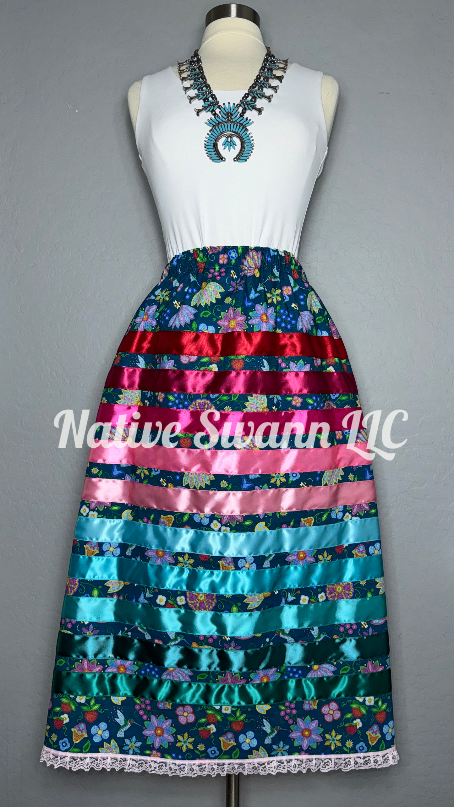 Teal Beaded Print Hummingbird Cotton Ribbon Skirt w/ Pockets & Lace Trim
