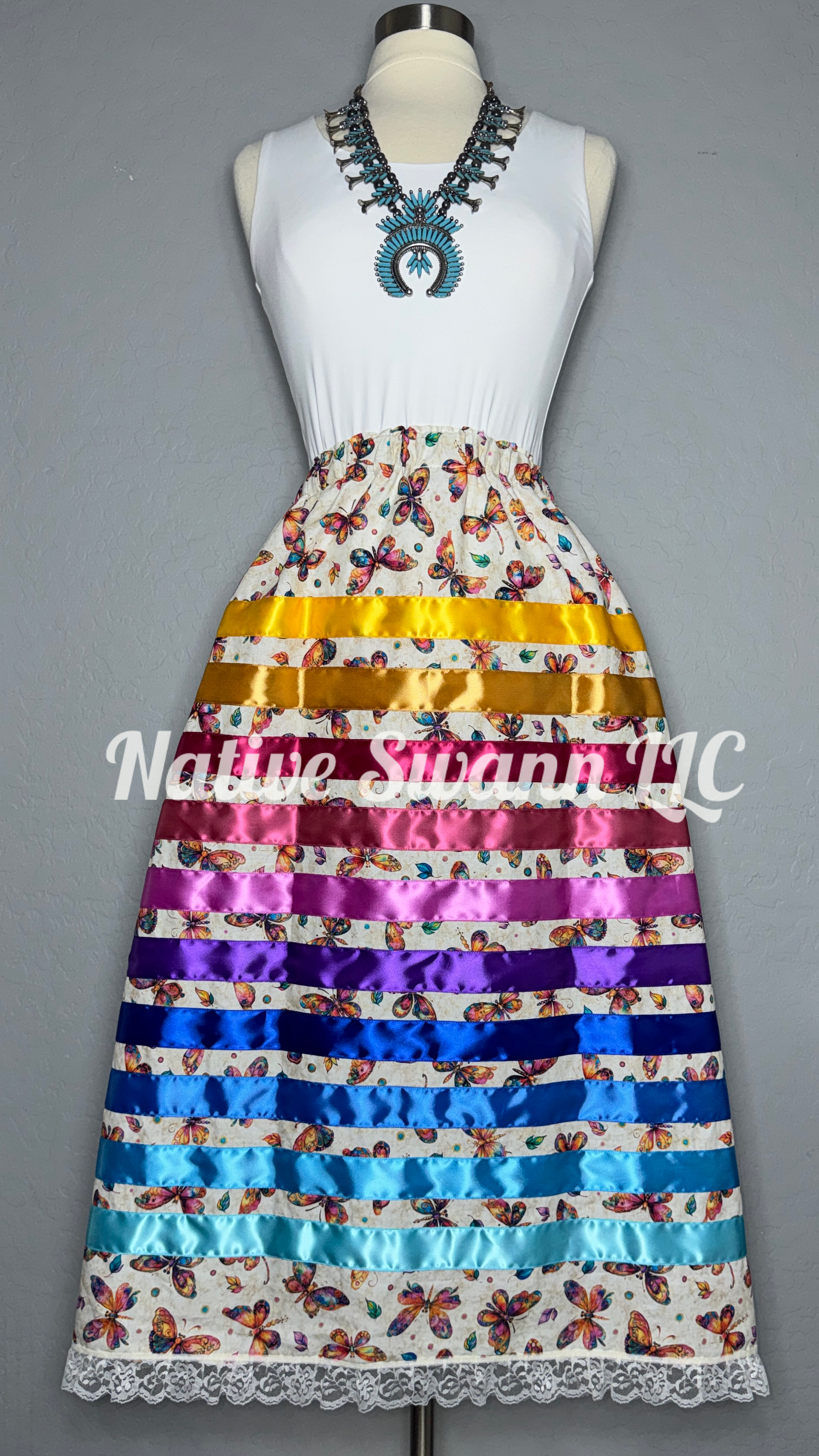 Butterfly Cotton Ribbon Skirts w/ Pockets & Lace Trim