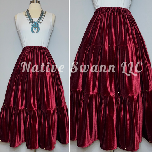 Burgundy Velvet 3 Tier Skirt w/ Studs