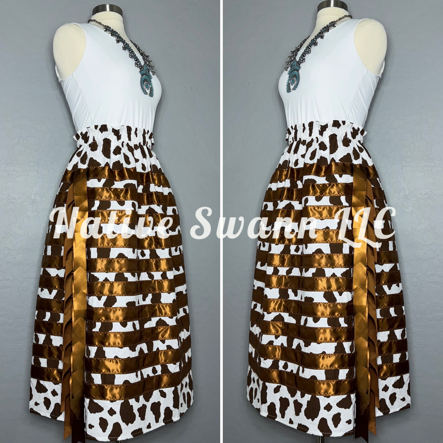 Brown Cow-Print Cotton Ribbon Skirt & Tassels on sides
