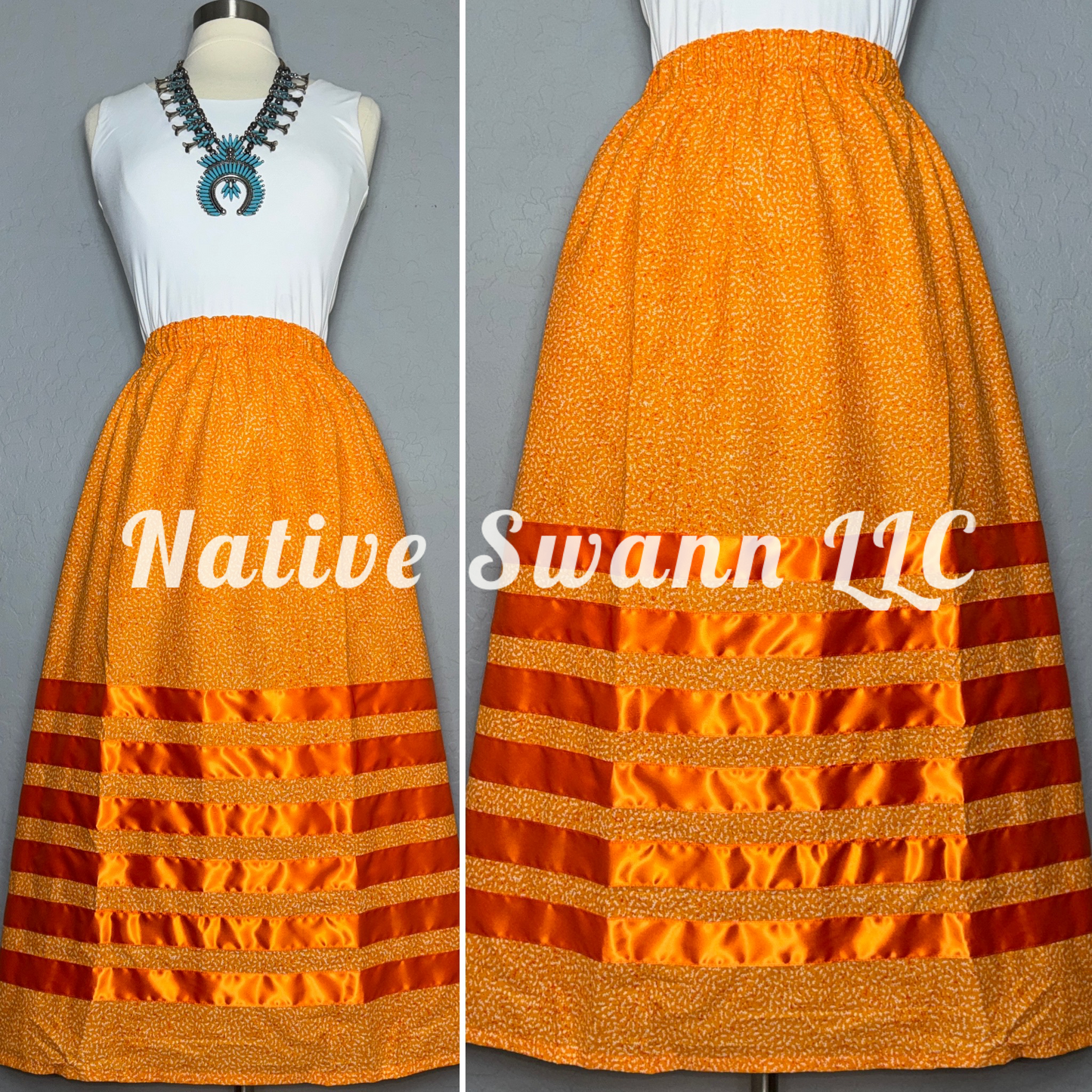 Orange Mini-Leafs Cotton Ribbon Skirt w/ Pockets