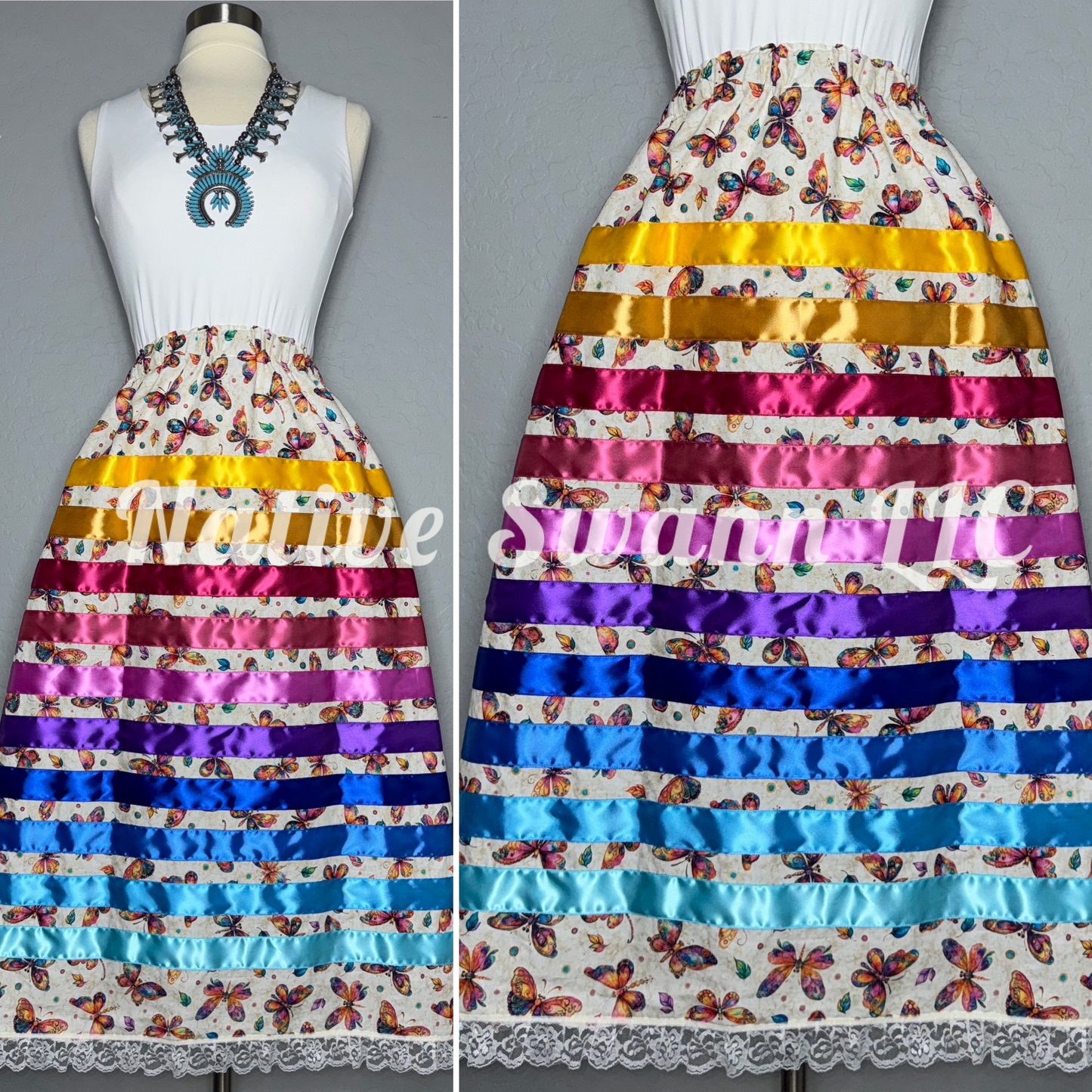 Butterfly Cotton Ribbon Skirts w/ Pockets & Lace Trim