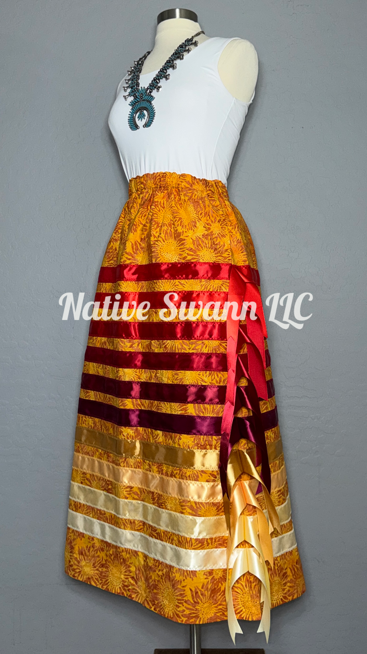 Orange Sunflowers Cotton Ribbon Skirt & Tassels on Sides