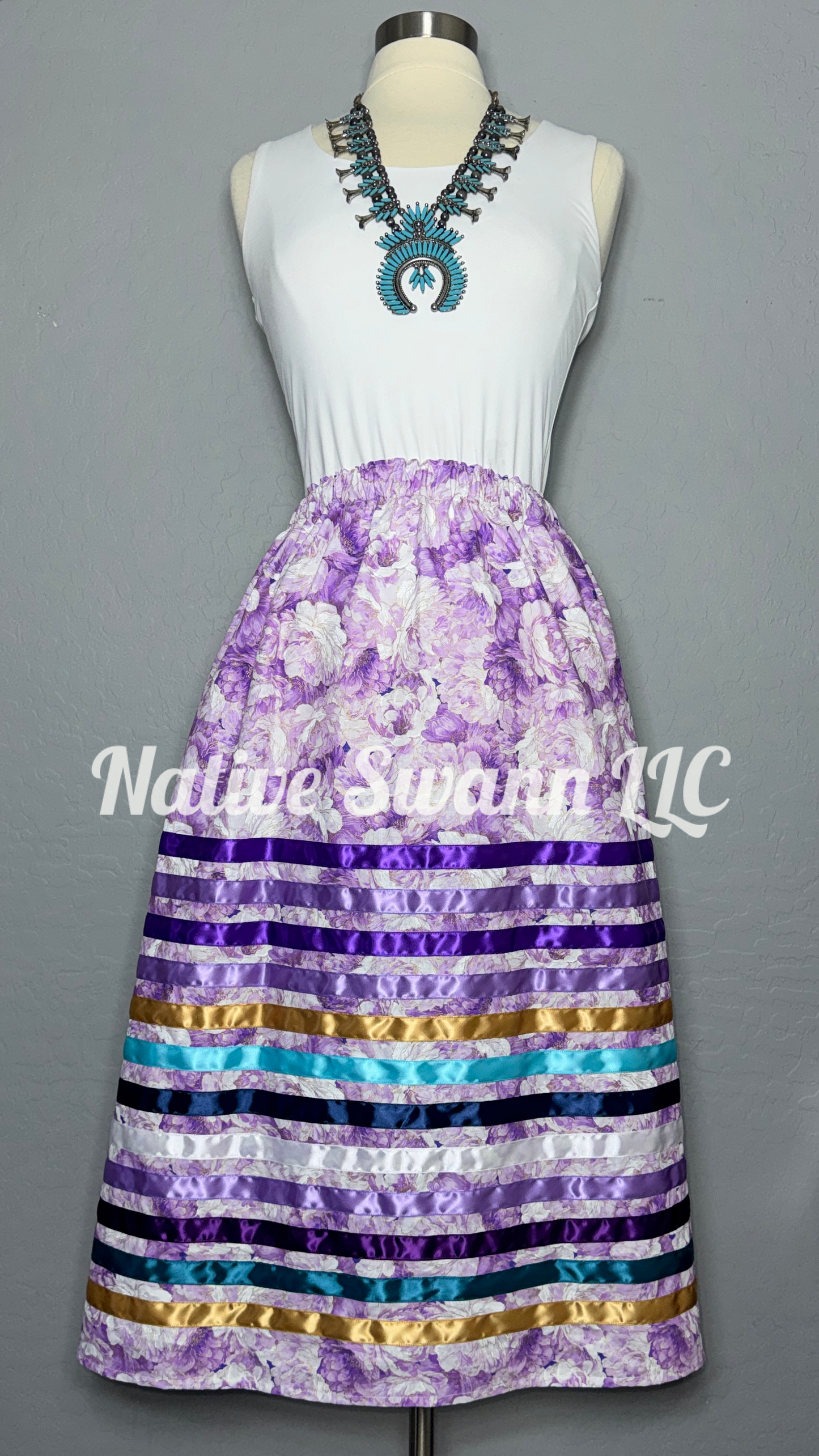 Lavender Florals+Gold Cotton Ribbon Skirt w/ pockets