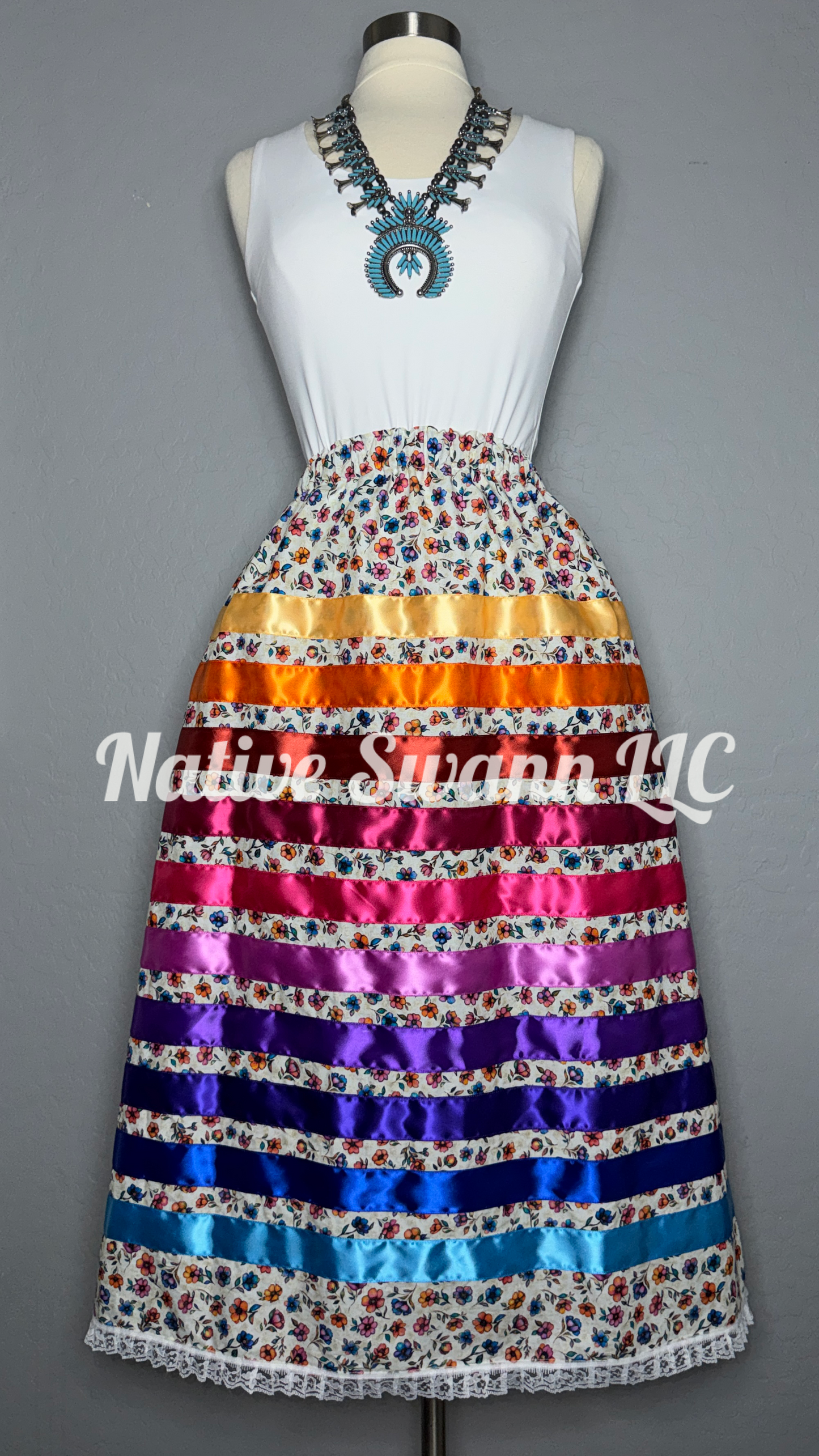 White Multi Color Flowers Cotton Ribbon Skirt w/ Pockets & Lace Trim