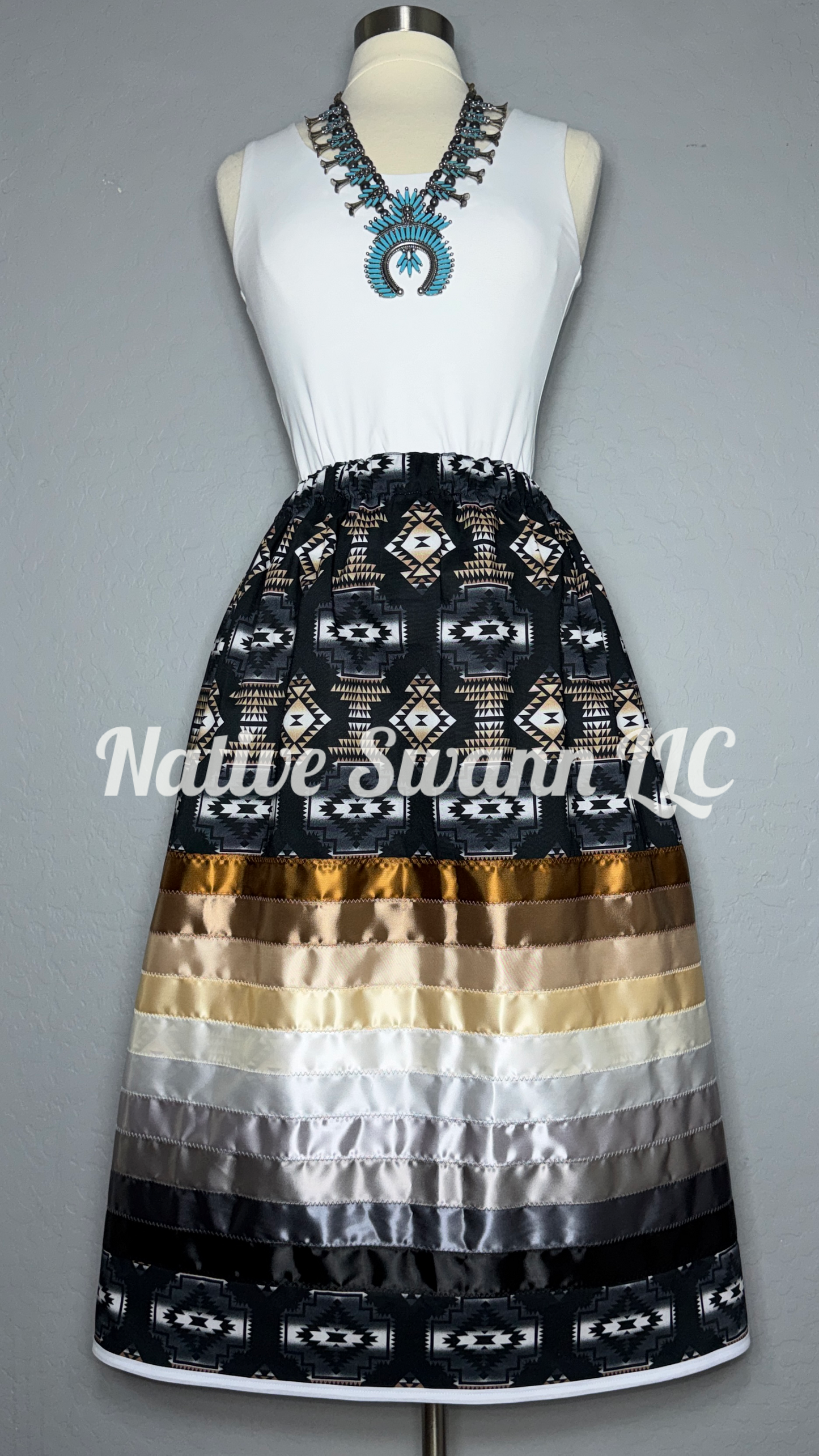 Black Native Design Cotton Stacked Ribbon Skirt with Pockets