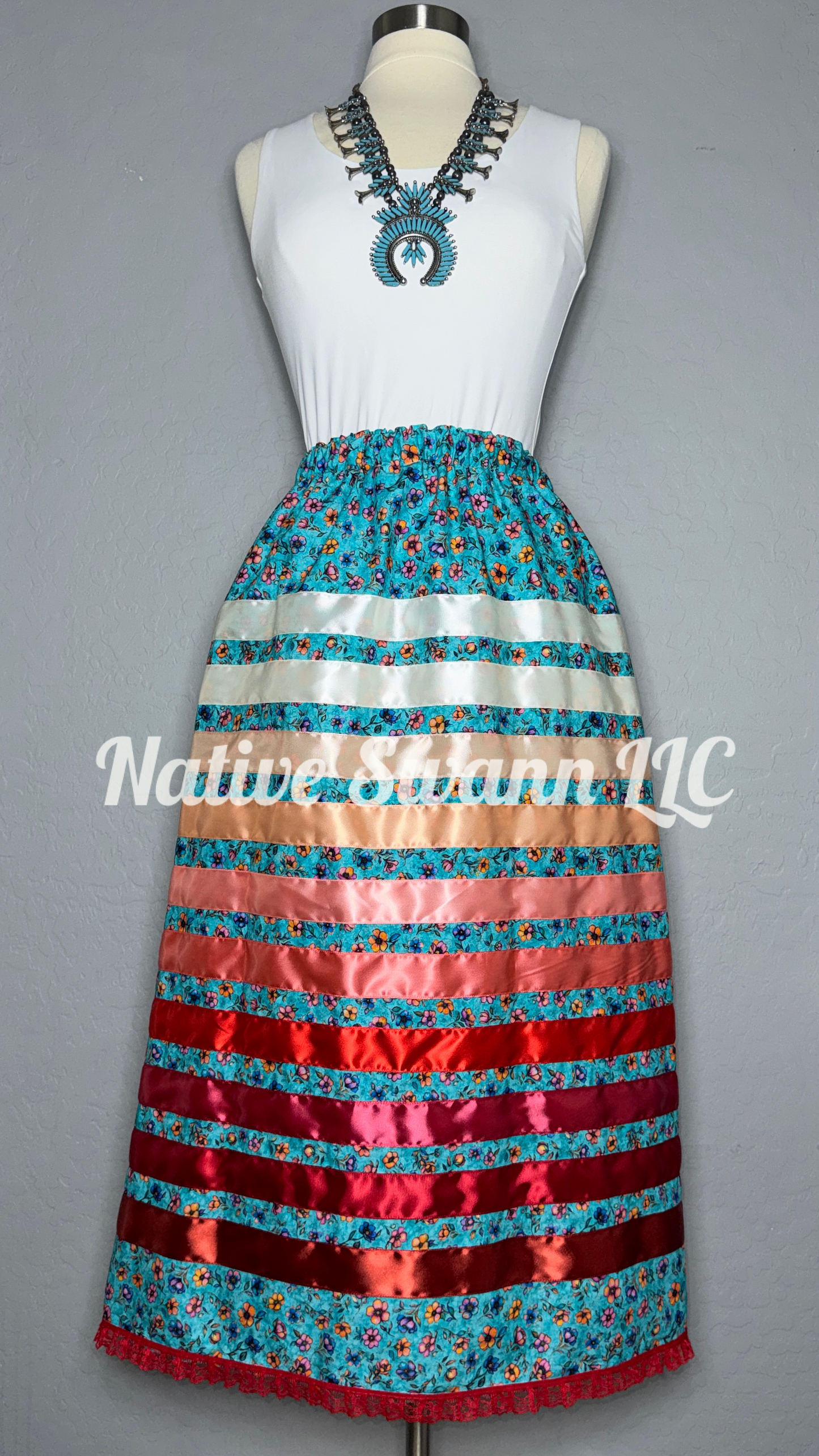 Turquoise Flowers Cotton Ribbon Skirt w/ Pockets & Lace Trim