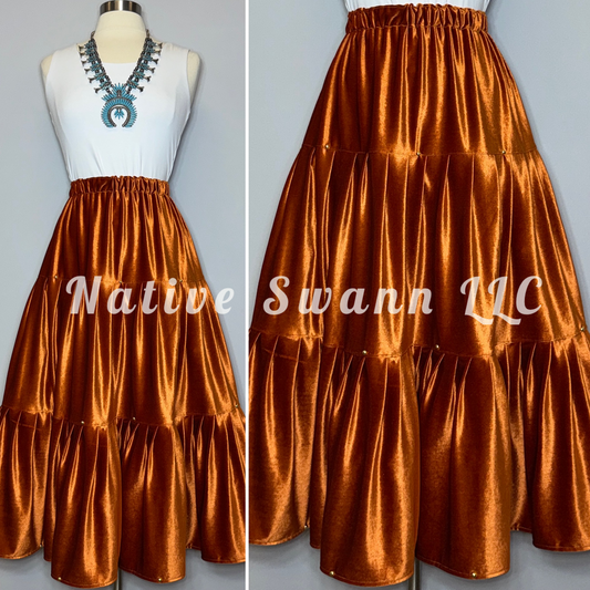 Rust Velvet 3 Tier Skirt w/ Studs