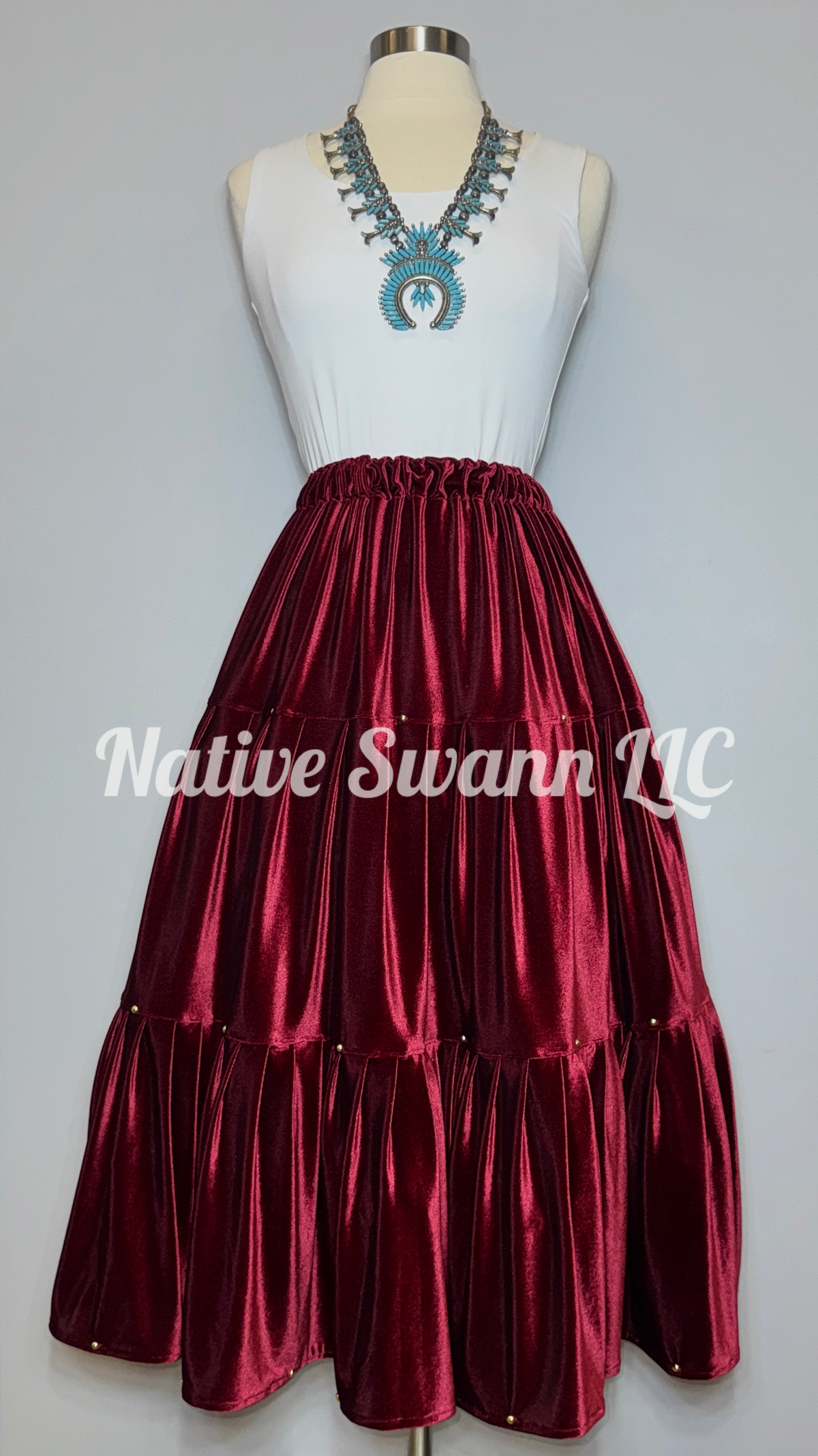 Burgundy Velvet 3 Tier Skirt w/ Studs