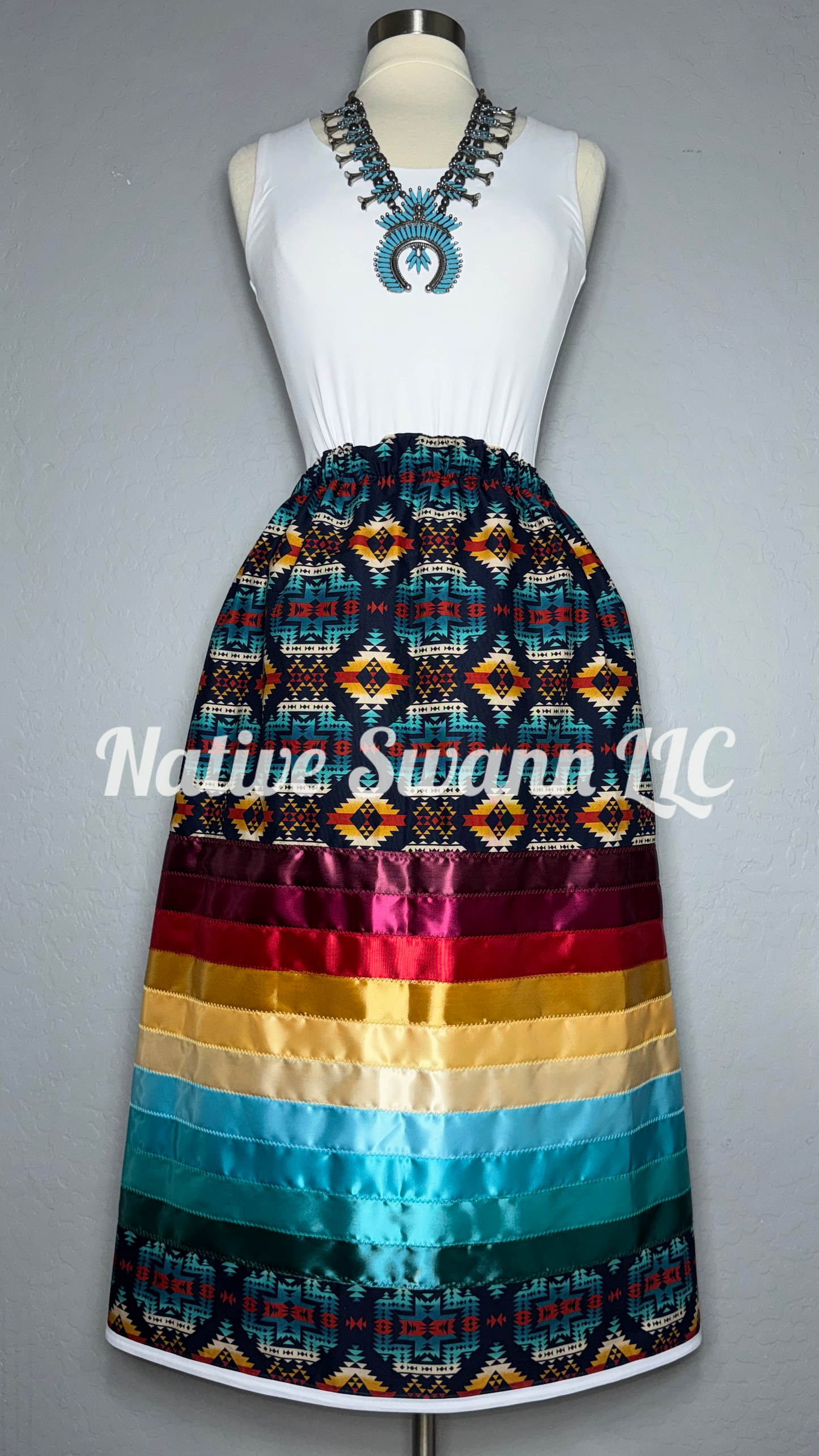 Navy Blue Native Design Cotton Stacked Ribbon Skirt with Pockets
