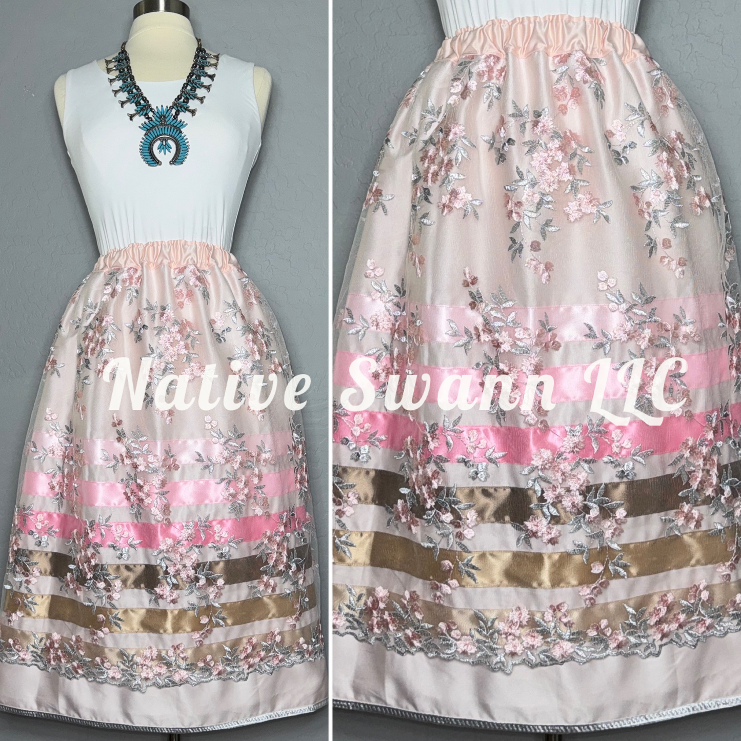 Lt Pink Emb. Floral Overlay Satin Ribbon Skirt