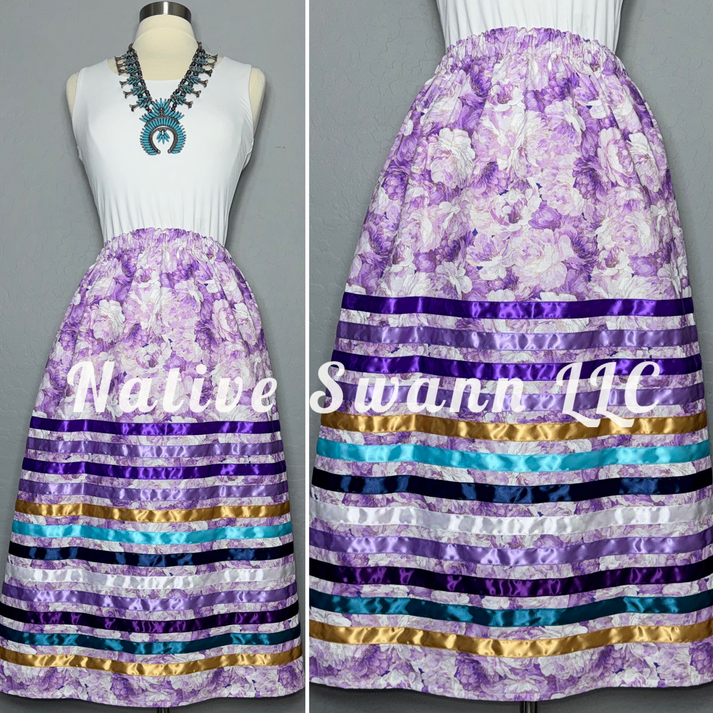 Lavender Florals+Gold Cotton Ribbon Skirt w/ pockets