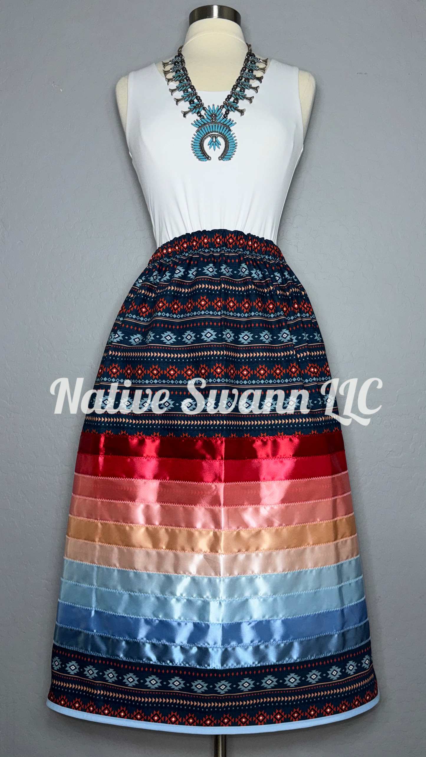Blue-Navy Design Cotton Stacked Ribbon Skirt with Pockets