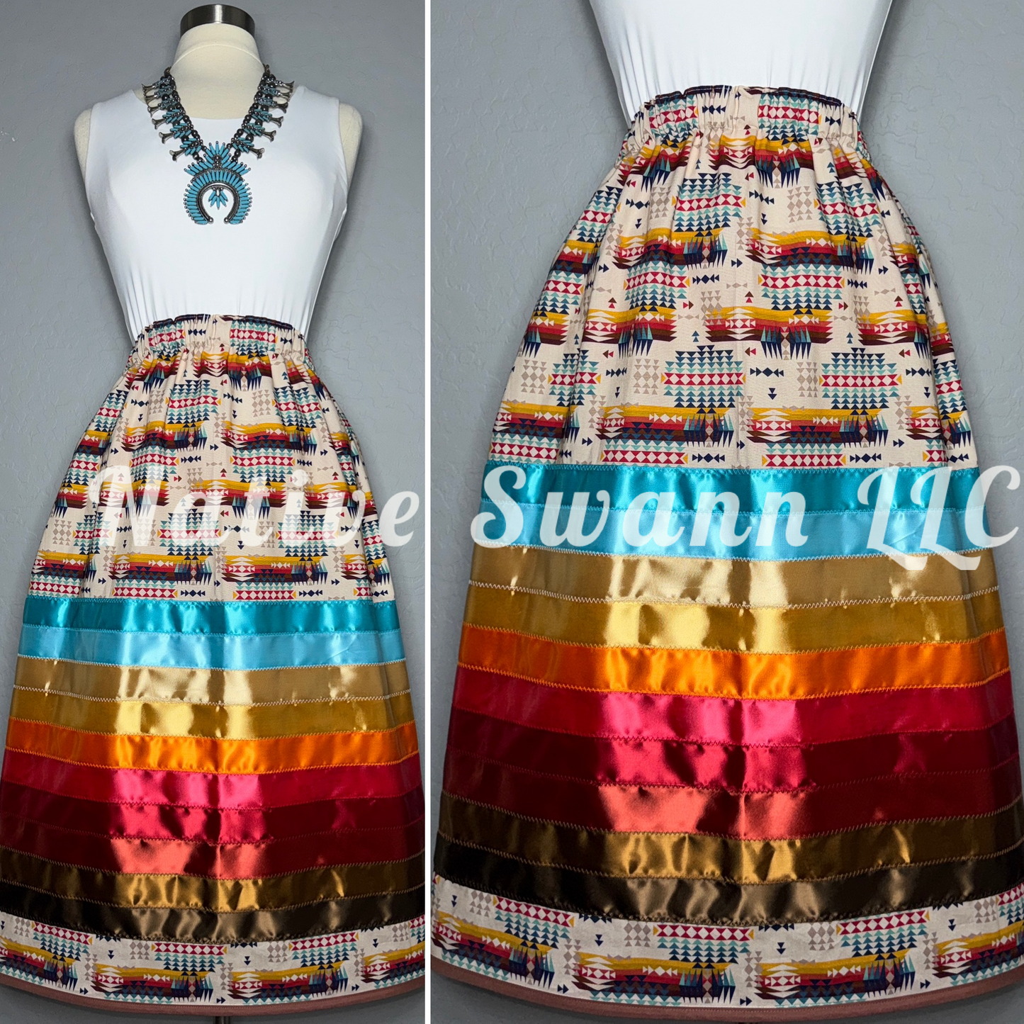 Tan Native Design Cotton Stacked Ribbon Skirts with Pockets