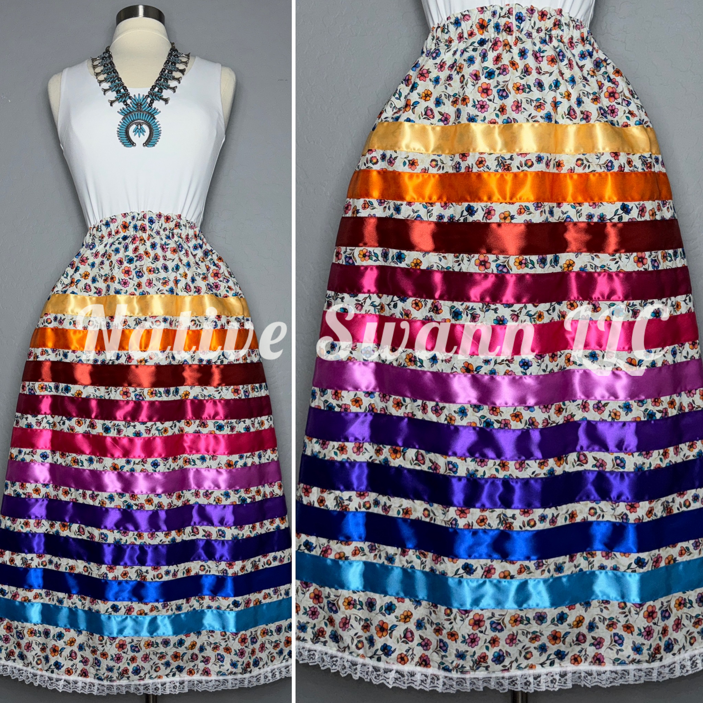 White Multi Color Flowers Cotton Ribbon Skirt w/ Pockets & Lace Trim