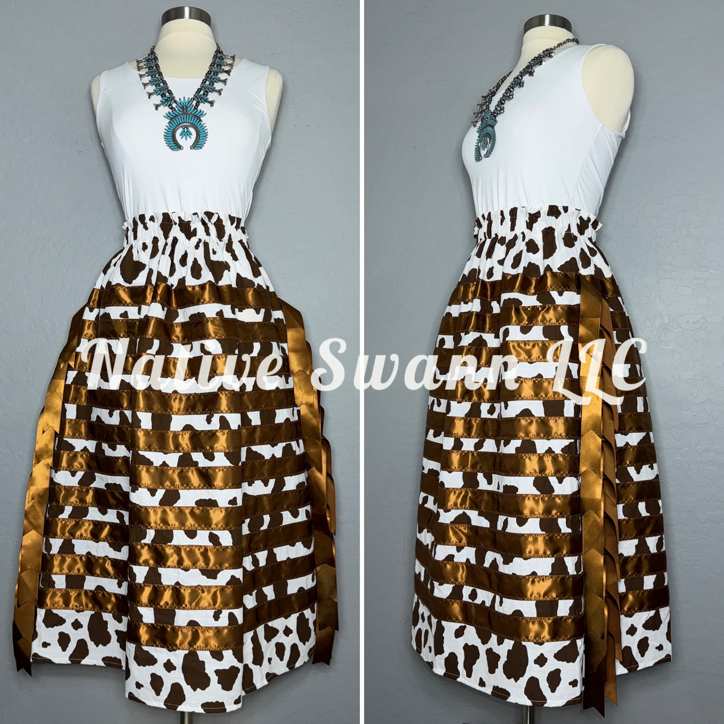 Brown Cow-Print Cotton Ribbon Skirt & Tassels on sides