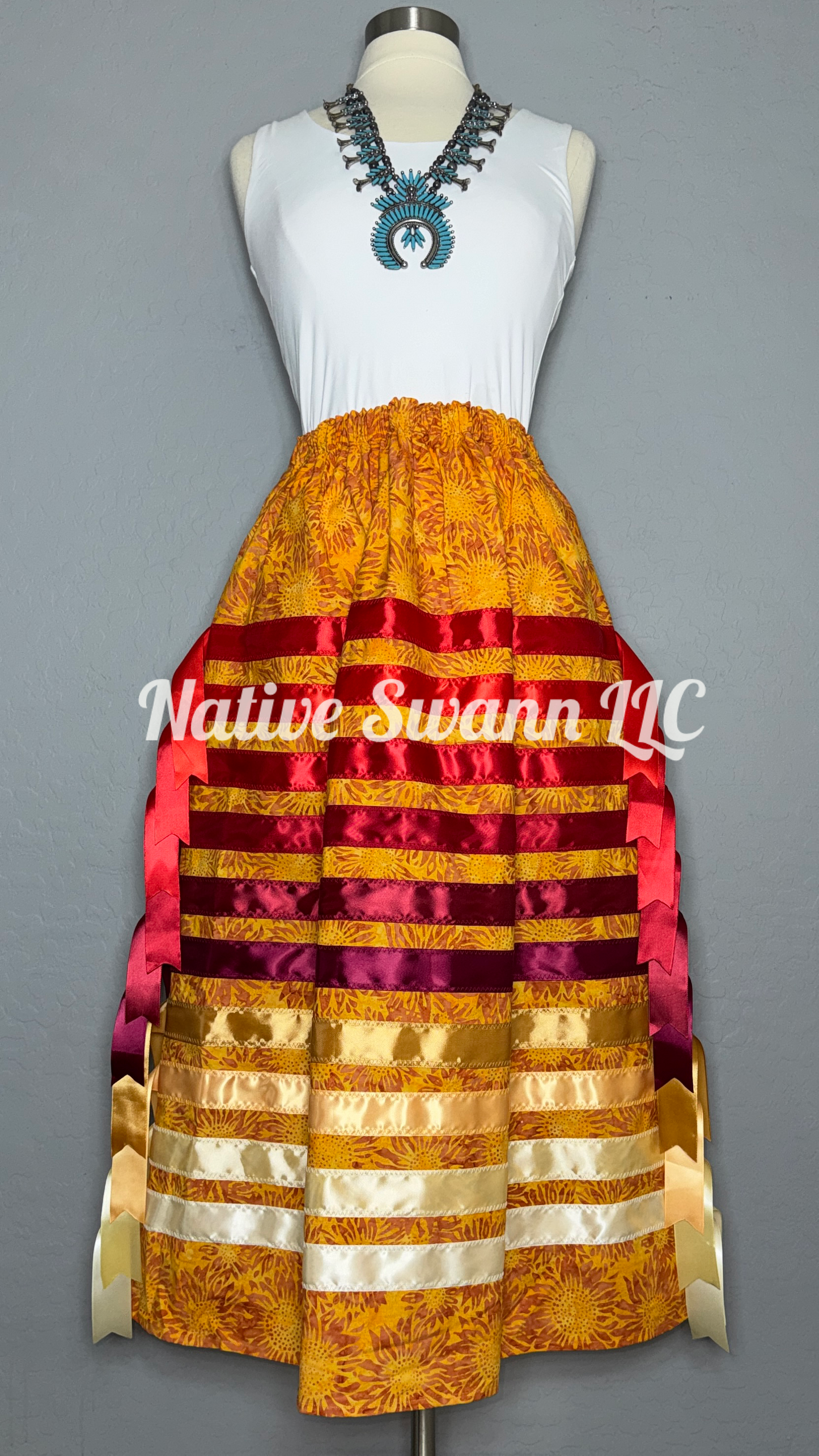 Orange Sunflowers Cotton Ribbon Skirt & Tassels on Sides
