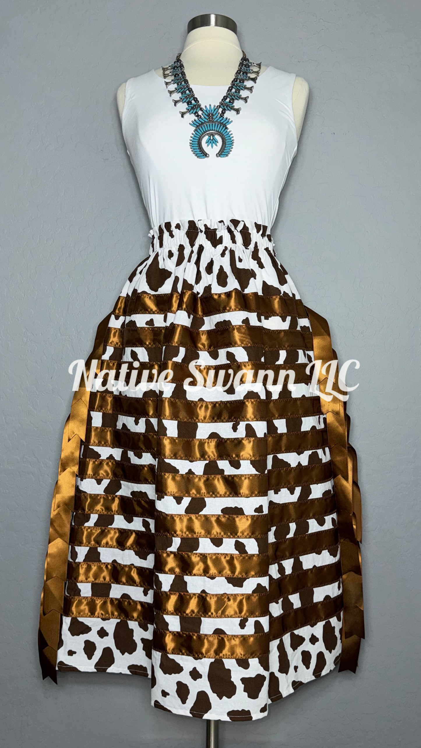 Brown Cow-Print Cotton Ribbon Skirt & Tassels on sides