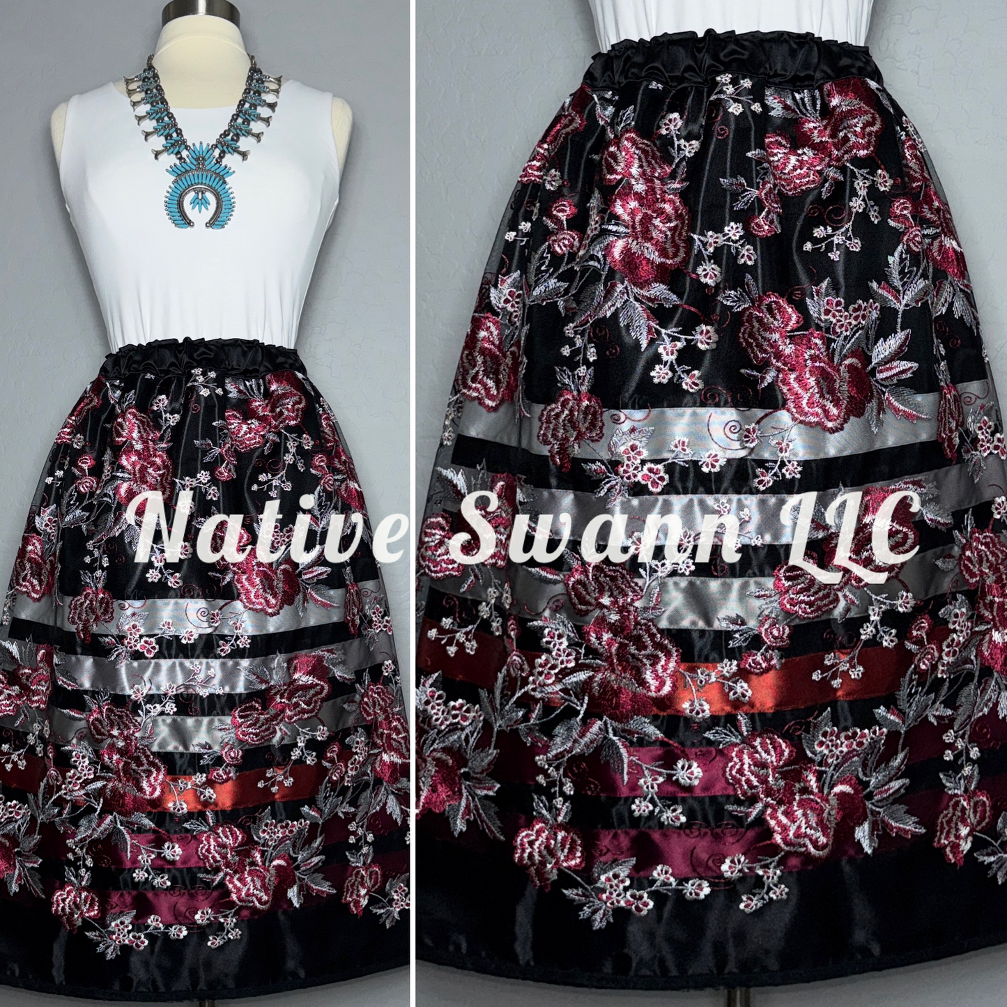 Black Emb Floral Overlay Satin Ribbon Skirt