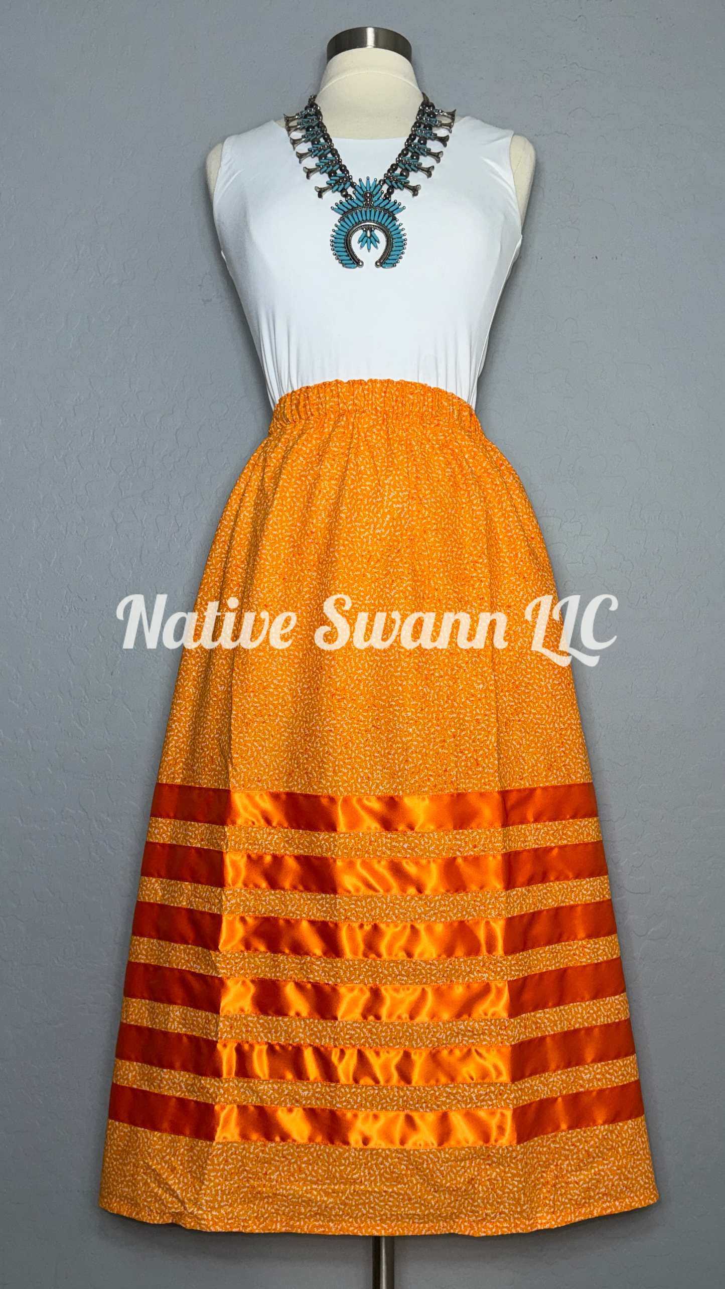 Orange Mini-Leafs Cotton Ribbon Skirt w/ Pockets