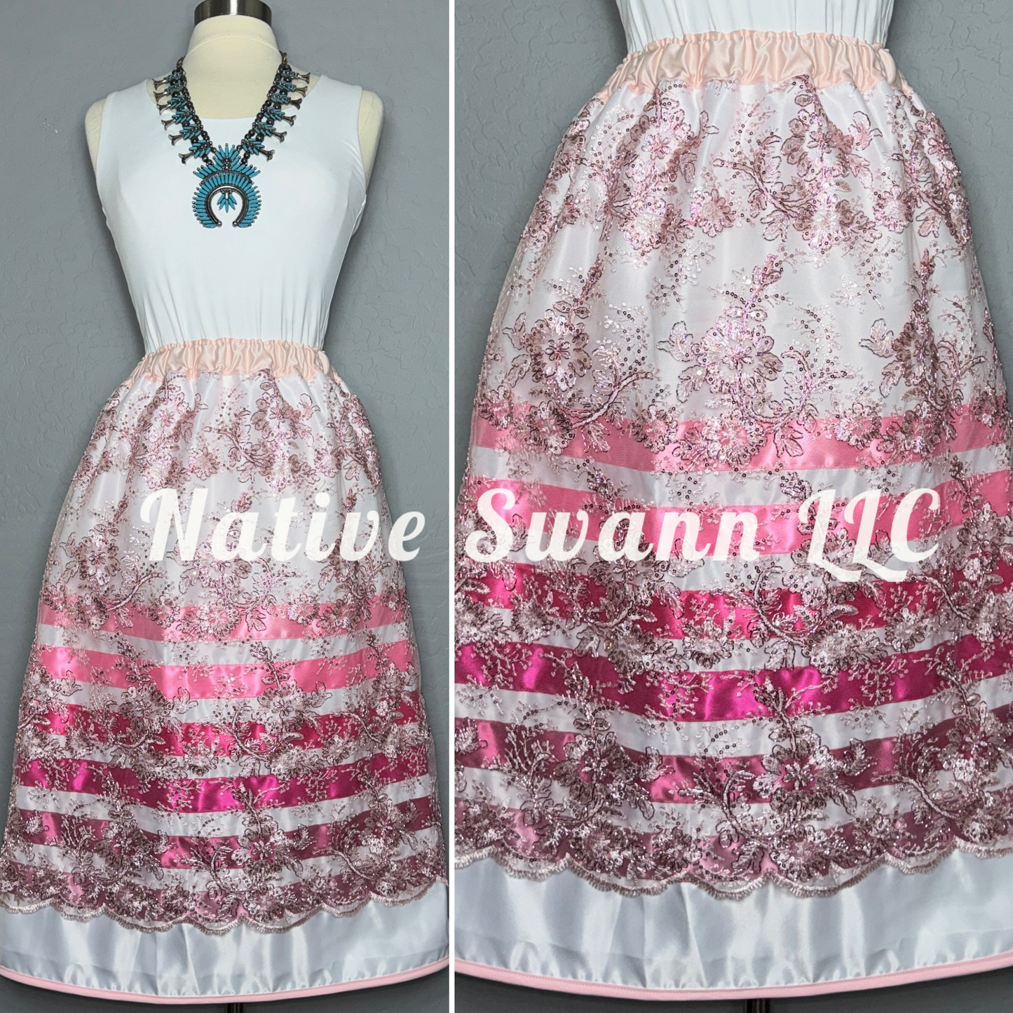 Soft Pink Floral Overlay Satin Ribbon Skirt