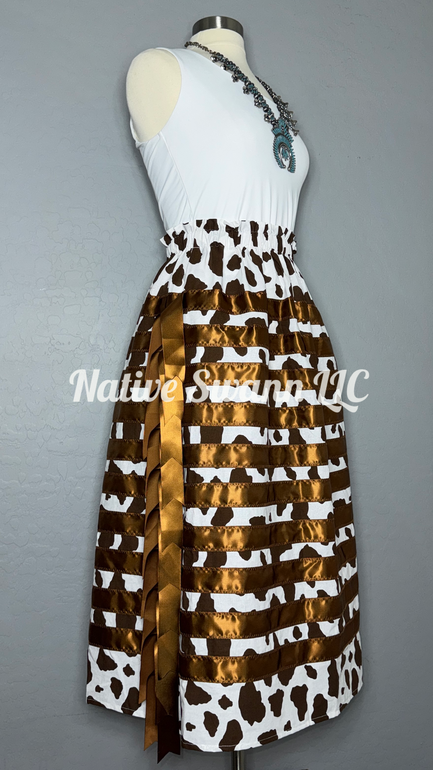 Brown Cow-Print Cotton Ribbon Skirt & Tassels on sides