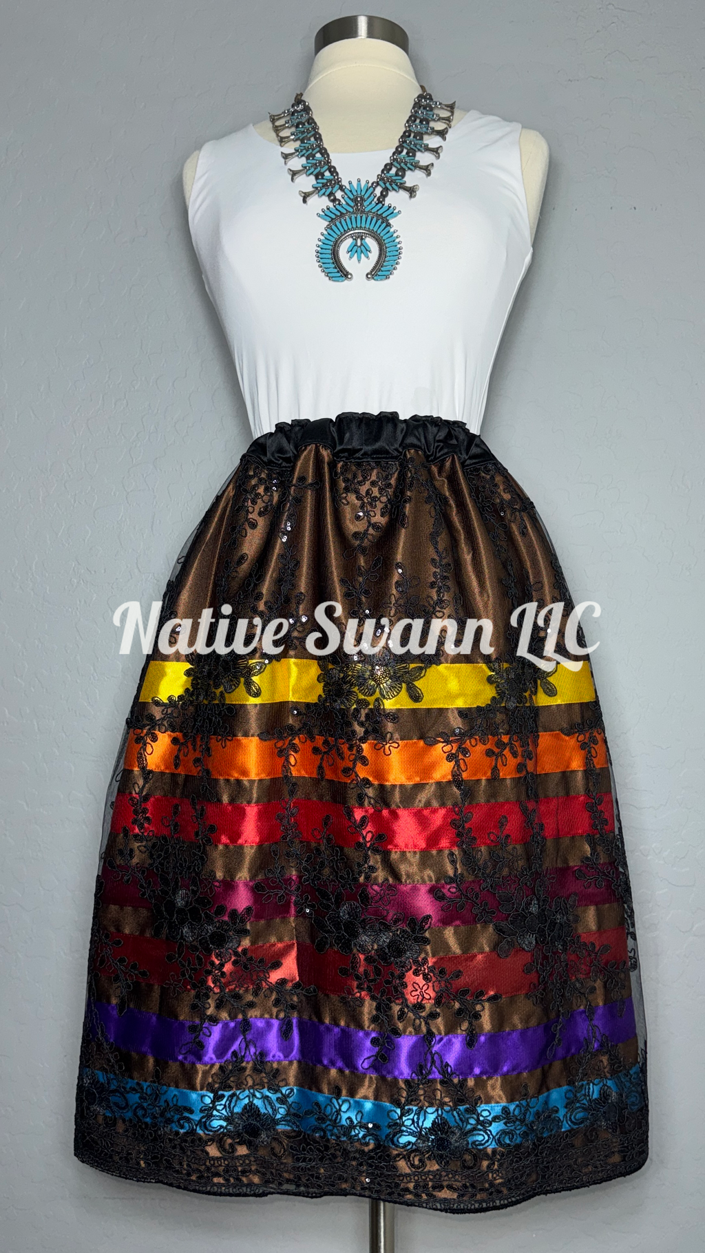Brown-Black Floral Overlay Satin Ribbon Skirt