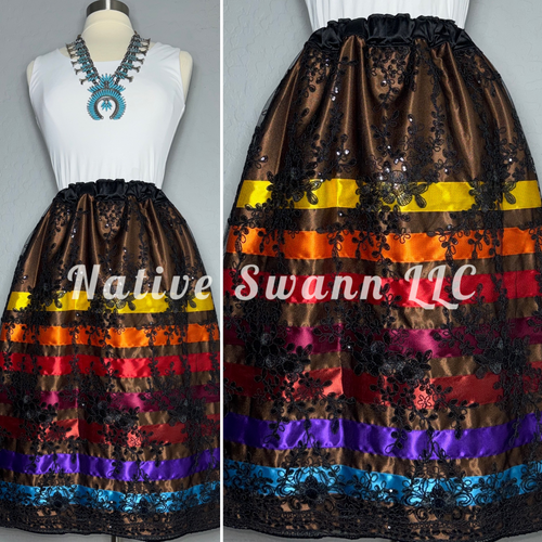 Brown-Black Floral Overlay Satin Ribbon Skirt